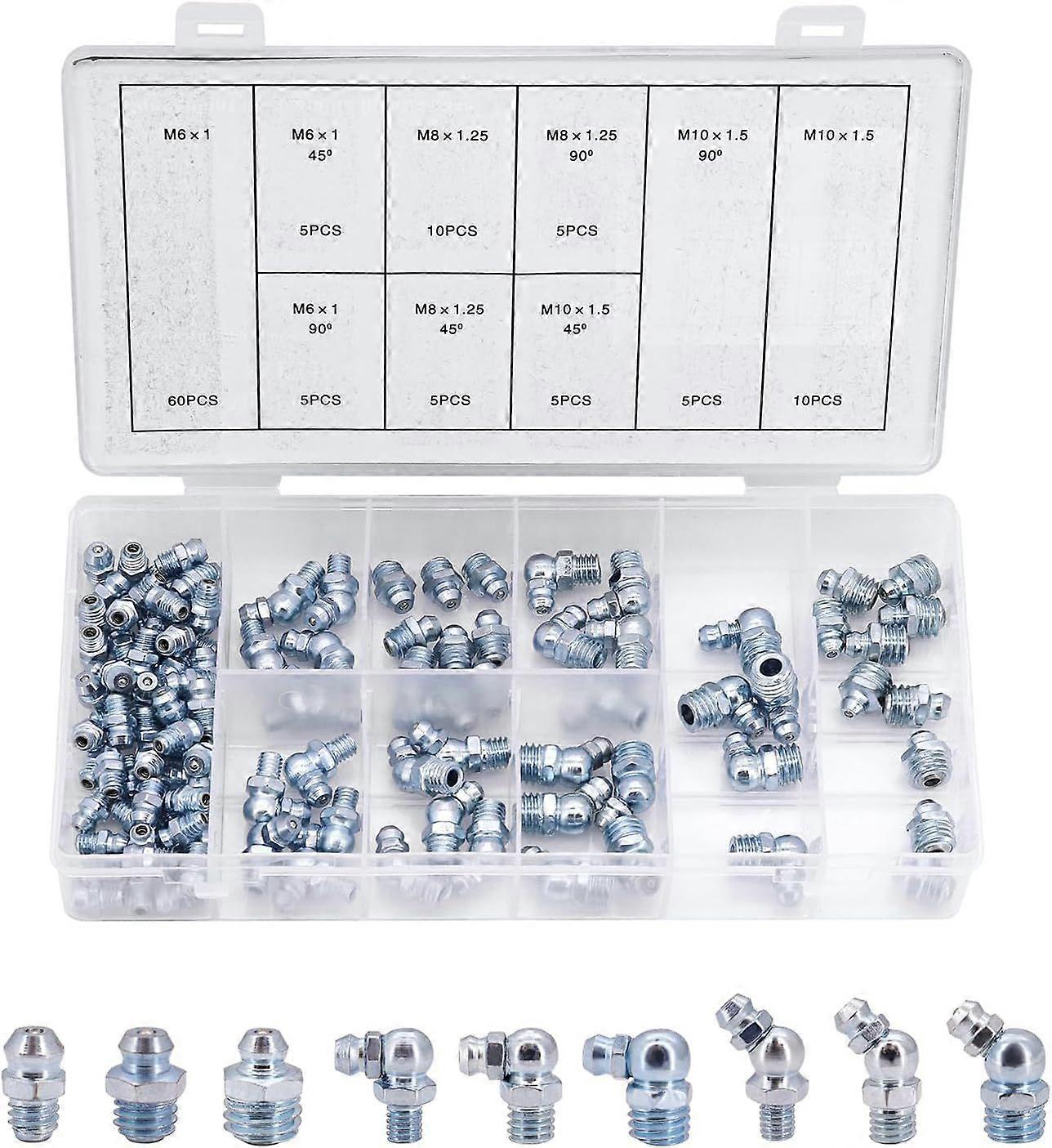 Grease Nipple Assortment Kit, 110 Pieces Tapered Grease Nipples Grease Nipple Assortment, M6 M8 M10 Grease Nipples Straight, 45 Angled and 90 Angle