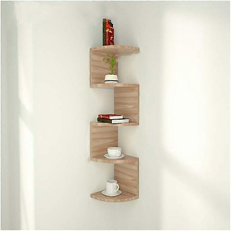 壁に取り付けられたコーナーシェルフ、本棚棚収納用のクラシックな5段ラジアルアングルウォールシェルフ(色:木)