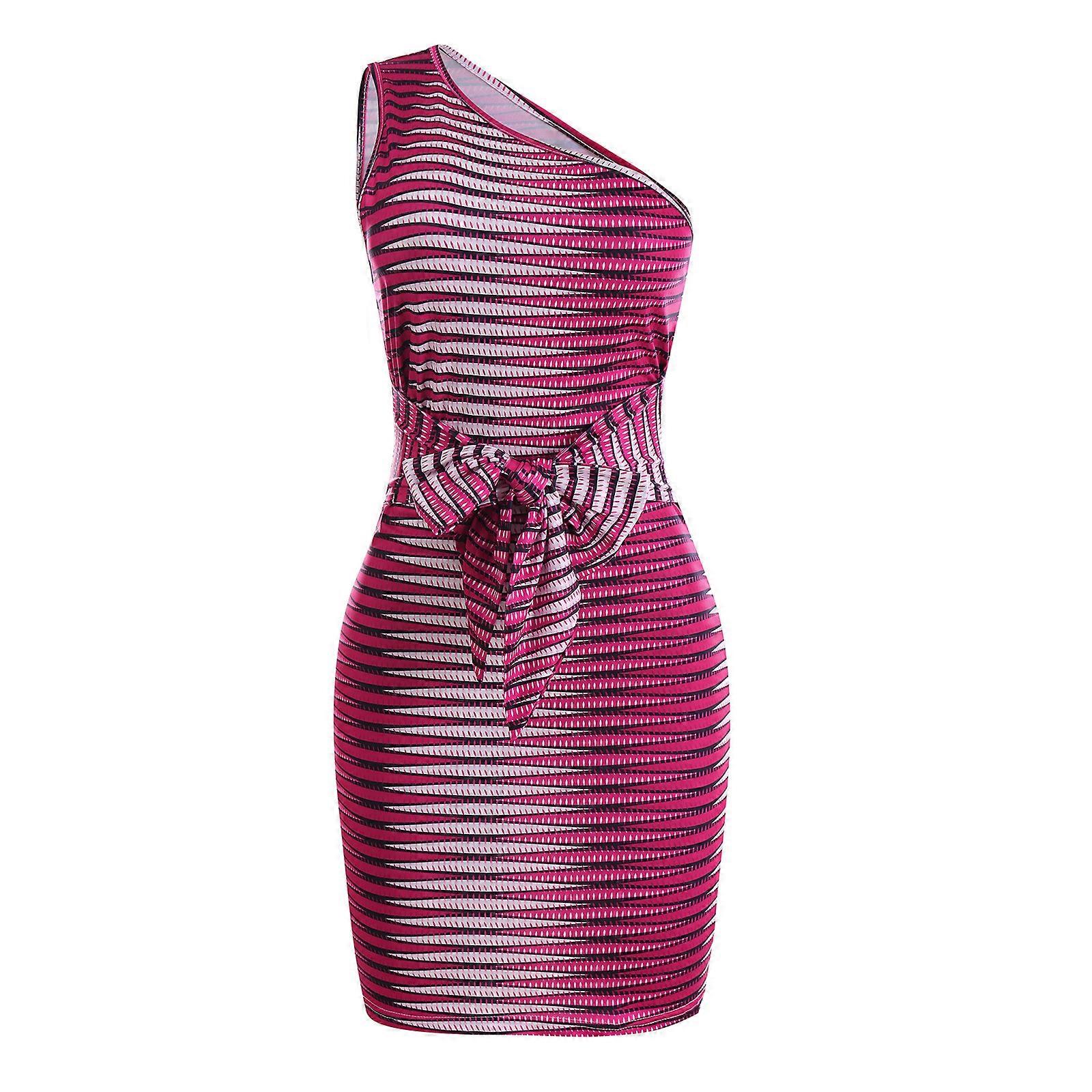 Sexy Women One Shoulder Sleeveless Dress Lace Up Dress Slim Striped Print Bodycon Dress Nice Hip Wrap Dress for Summer Red XL