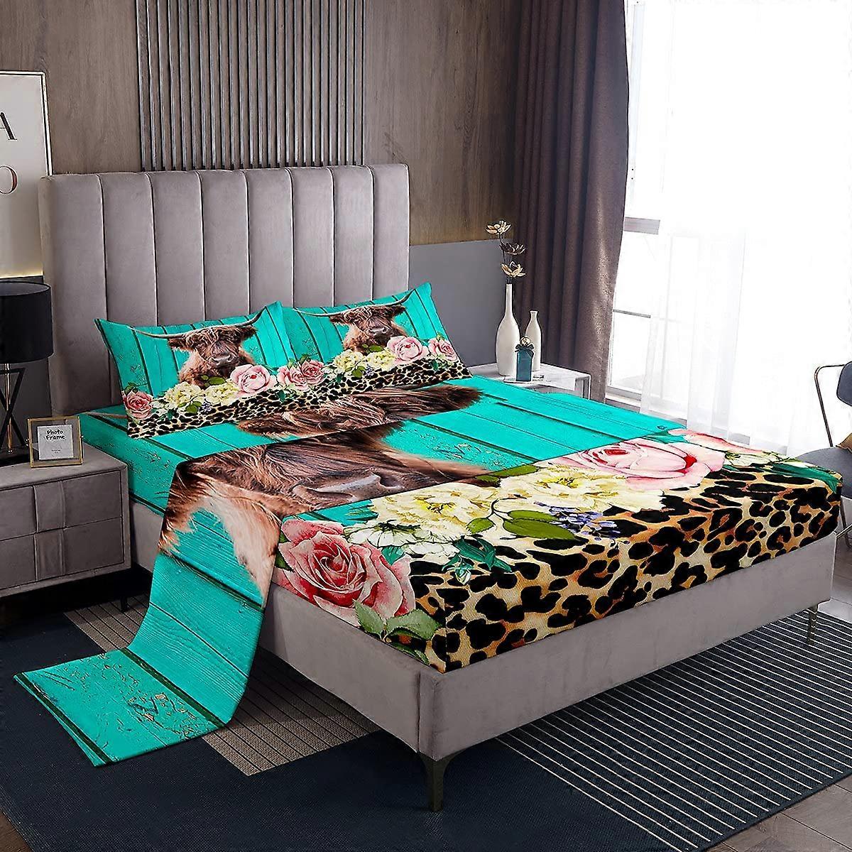 Leopard Floral Bed Sheet Set Twin Size for Kids Room Decor, Soft Microfiber Material, 3-Piece Bedding Set