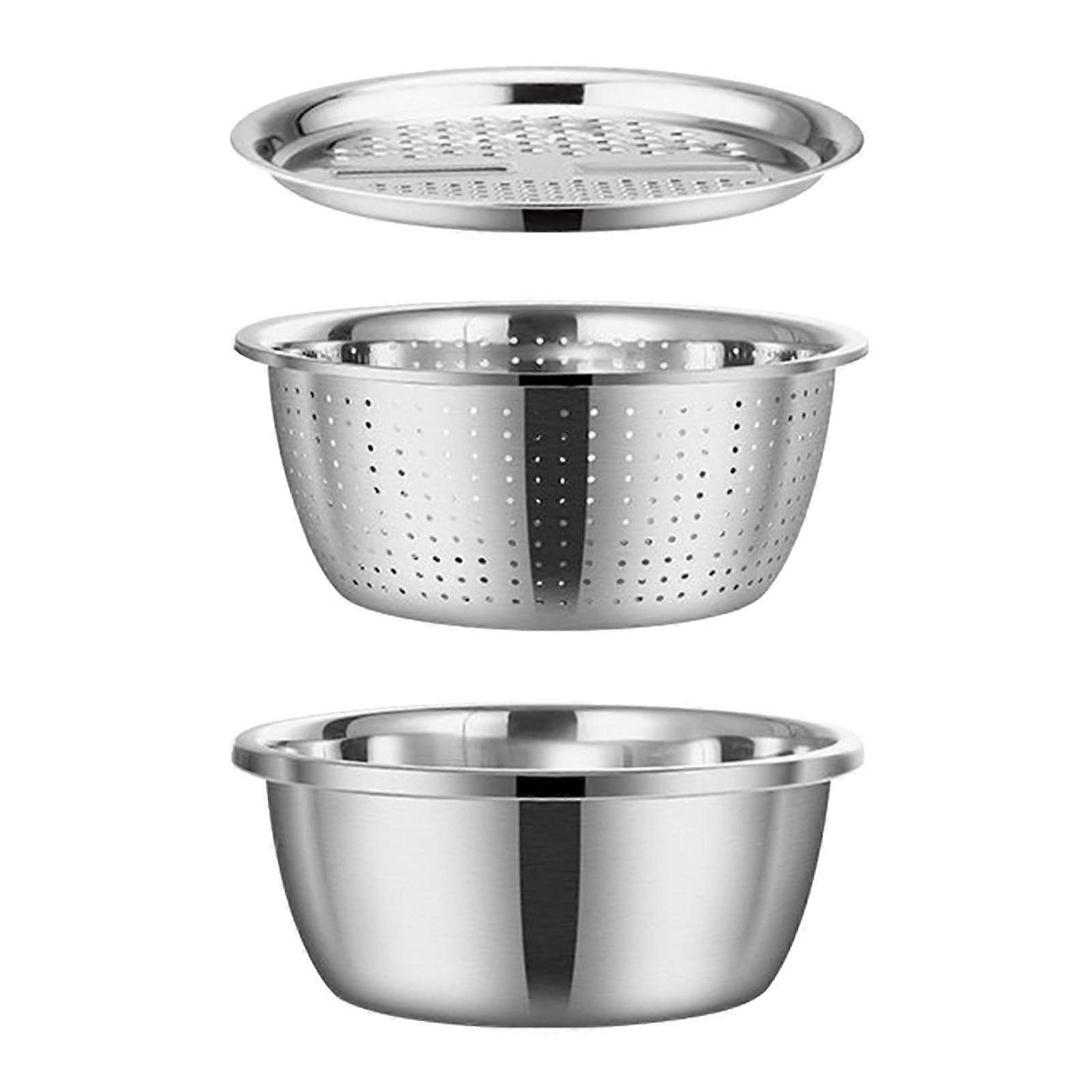 3PC Stainless Steel Basin Set with Sifter Strainer for Spaghetti and Berries, Standard Size, Durable Material