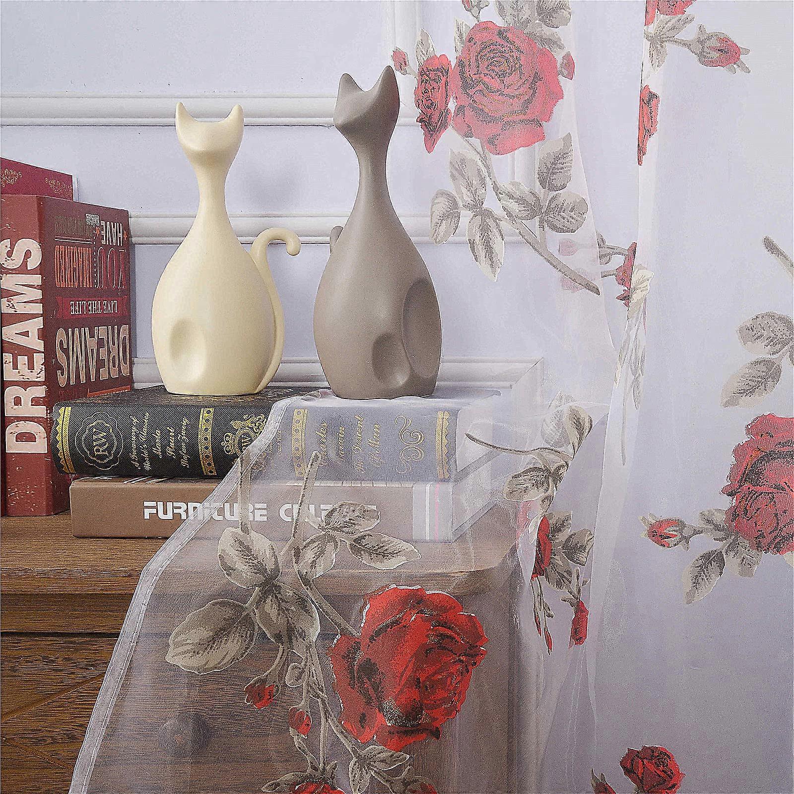 2 Panels Sheer Red Rose Florals Print Drapes Privacy for Bedroom W52 x L63