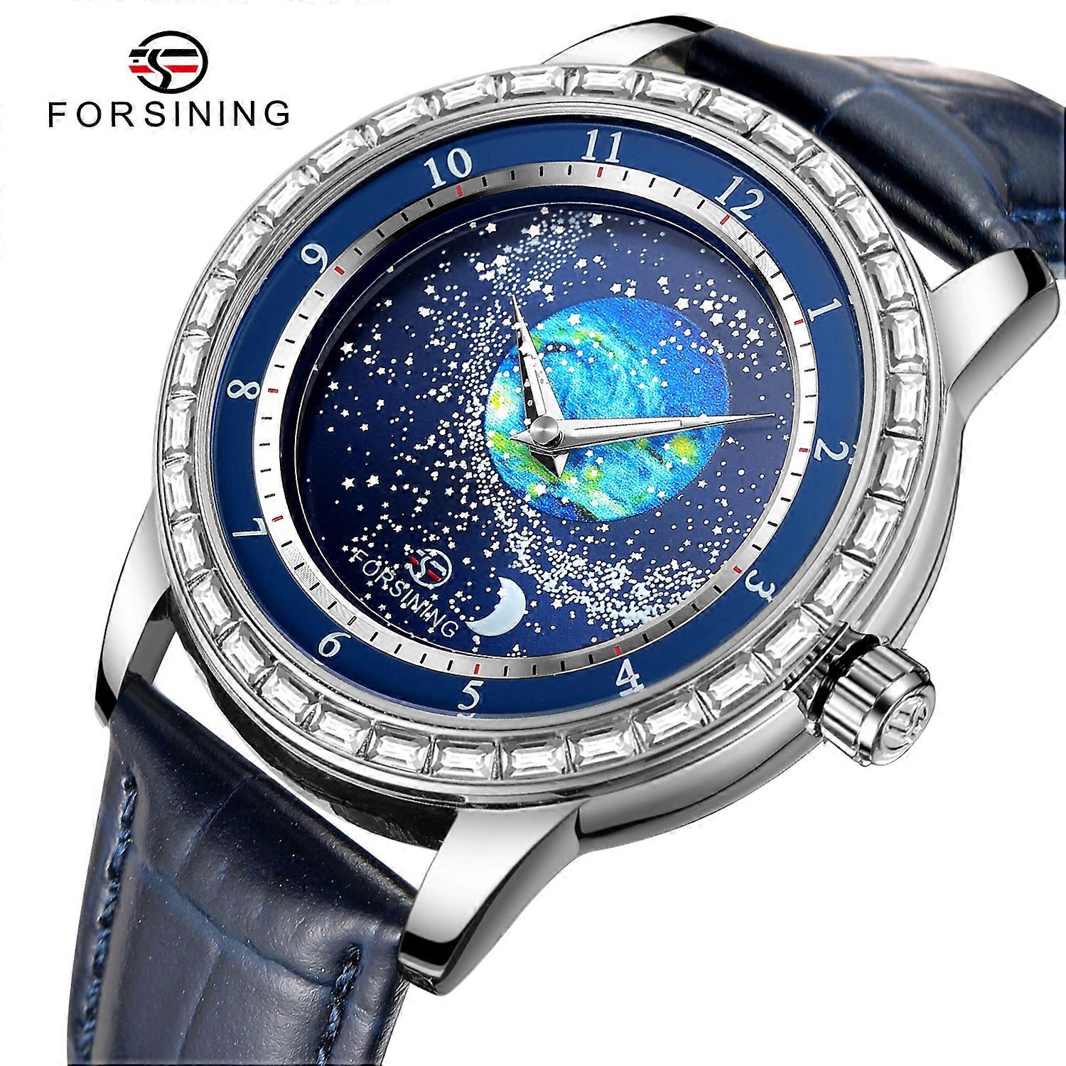 FORSINING Design Earth Star Moon Set With Diamonds Genuine Belt Men Mechanical Automatic Watch