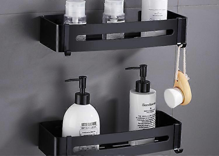 Bathroom and toilet rack, perforation-free wall hanging, corner triangle storage rack (black double-layer rectangular bathroom rack with 2 hooks)