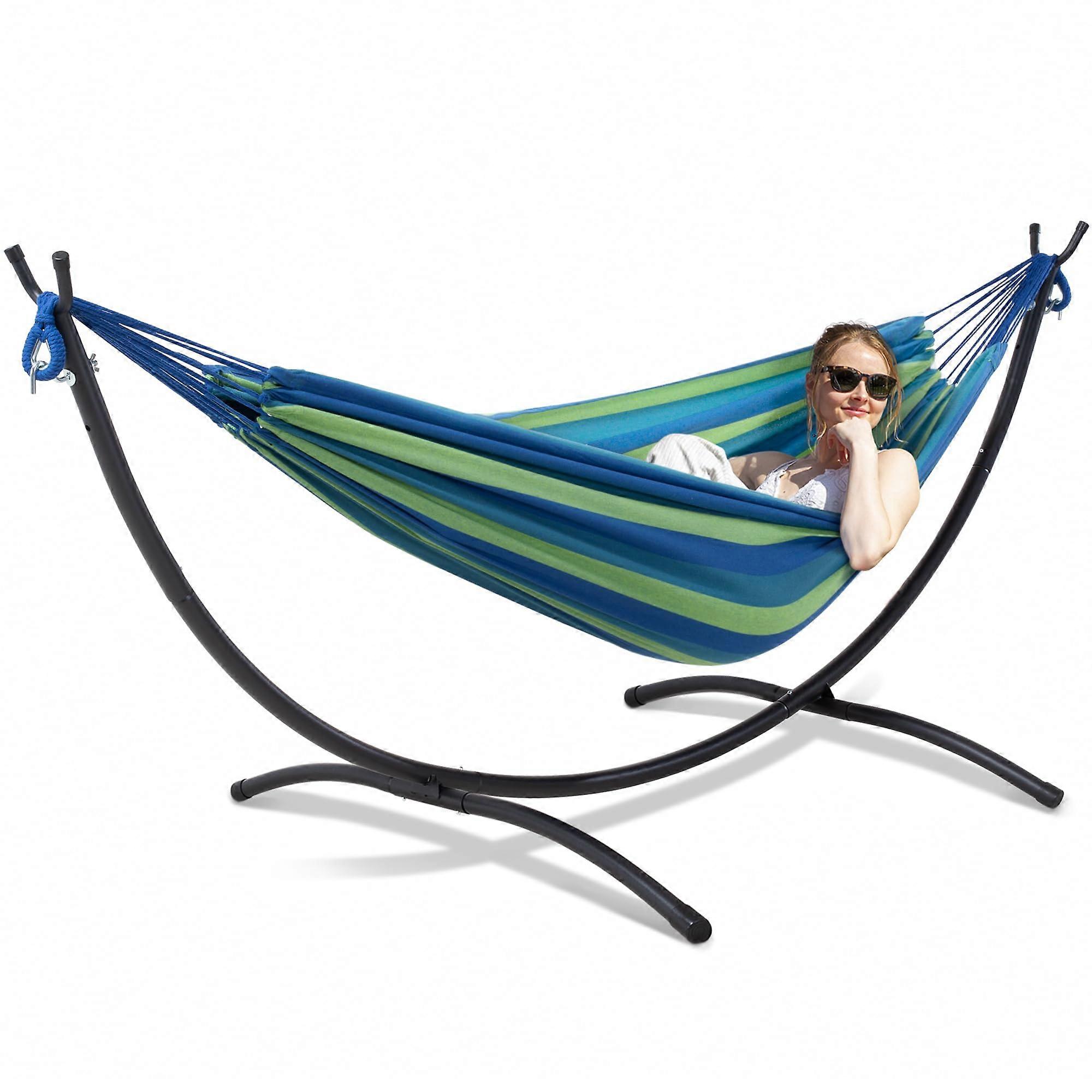Outdoor Hammock with Stand, Double Hammock with Stand for Outside, Blue Green Stripes