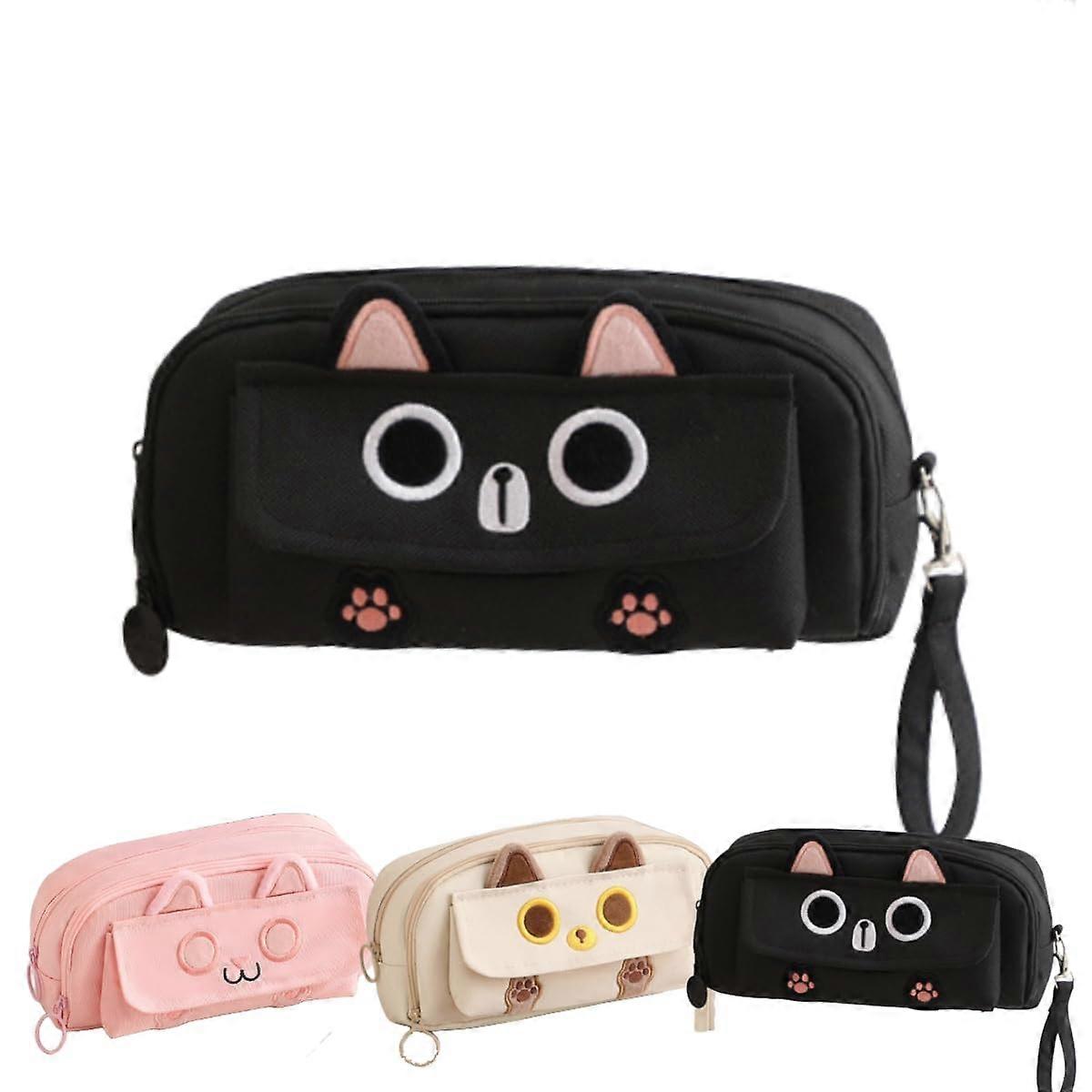 Kitty Cat Pencil Pen Pouch 4-Layer Extra Capacity Organizer Black Mesh Pockets for Brushes and Cosmetics