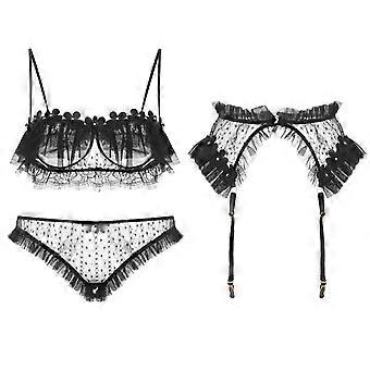Women Sexy 3pcs Floral Lace Lingerie Set with Garter Belt Ruffle Sheer Underwear  White L