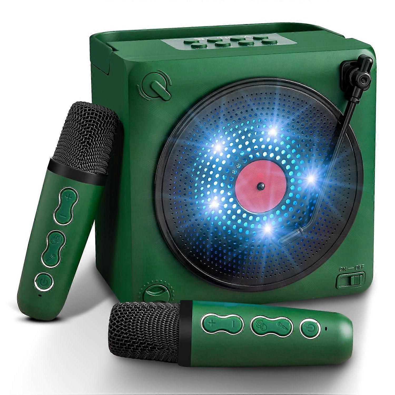 Portable Karaoke Machine With 2 Wireless Microphones, Bluetooth Karaoke Speaker With Microphone And Led Light, Party Birthday Gift, Green