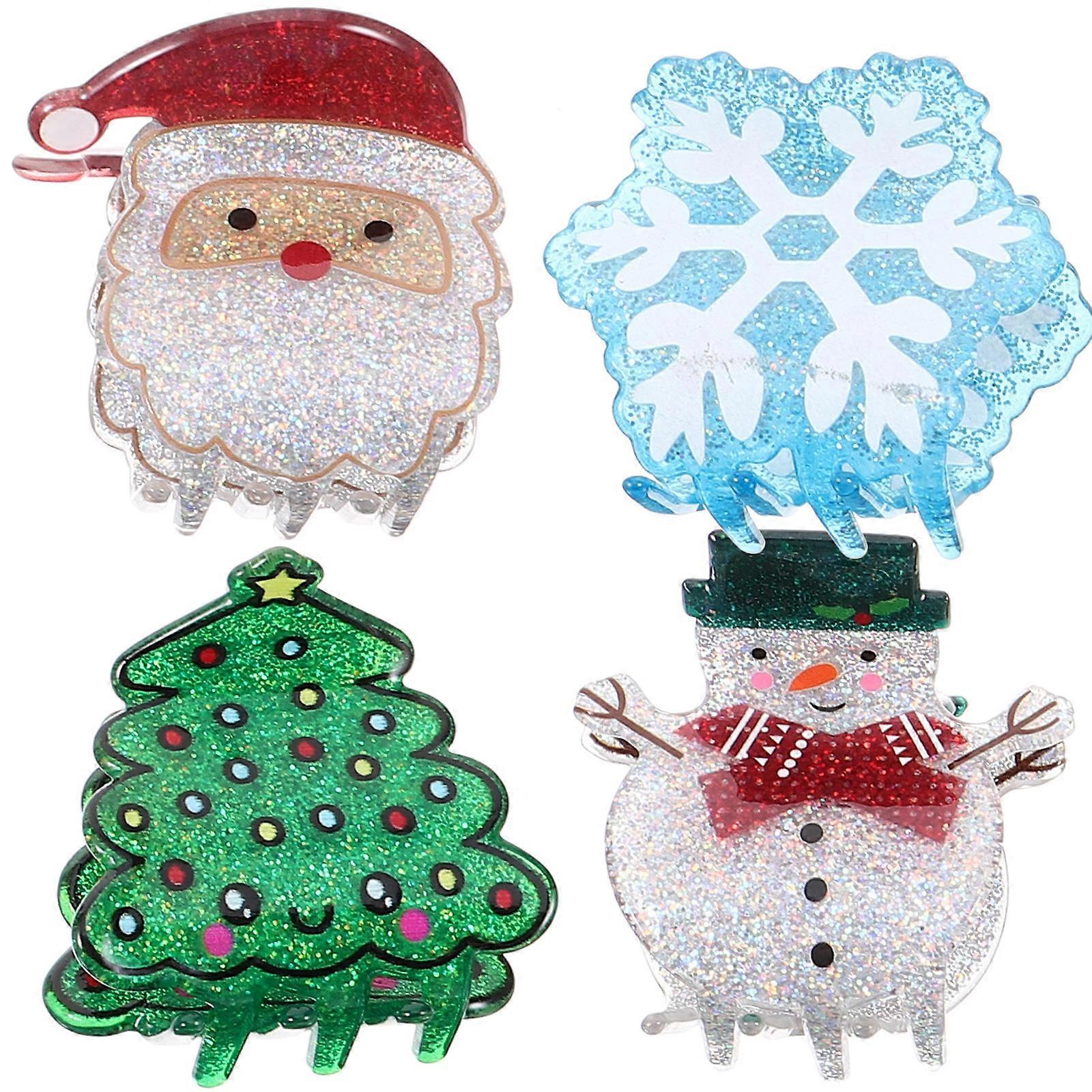 4pcs Small Christmas Claw Hair Clips with Snowman, Snowflake, Santa, and Tree Designs – Durable Festive Hair Accessories for Party and Daily Use