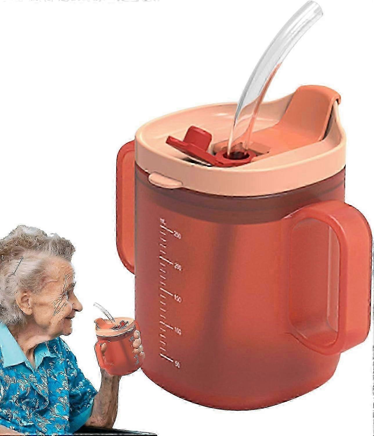 Adult Sippy Cup for Elderly, Feeding Cup with Straw for Disabled Patients, Spill-Proof Cup with Handle and Lid