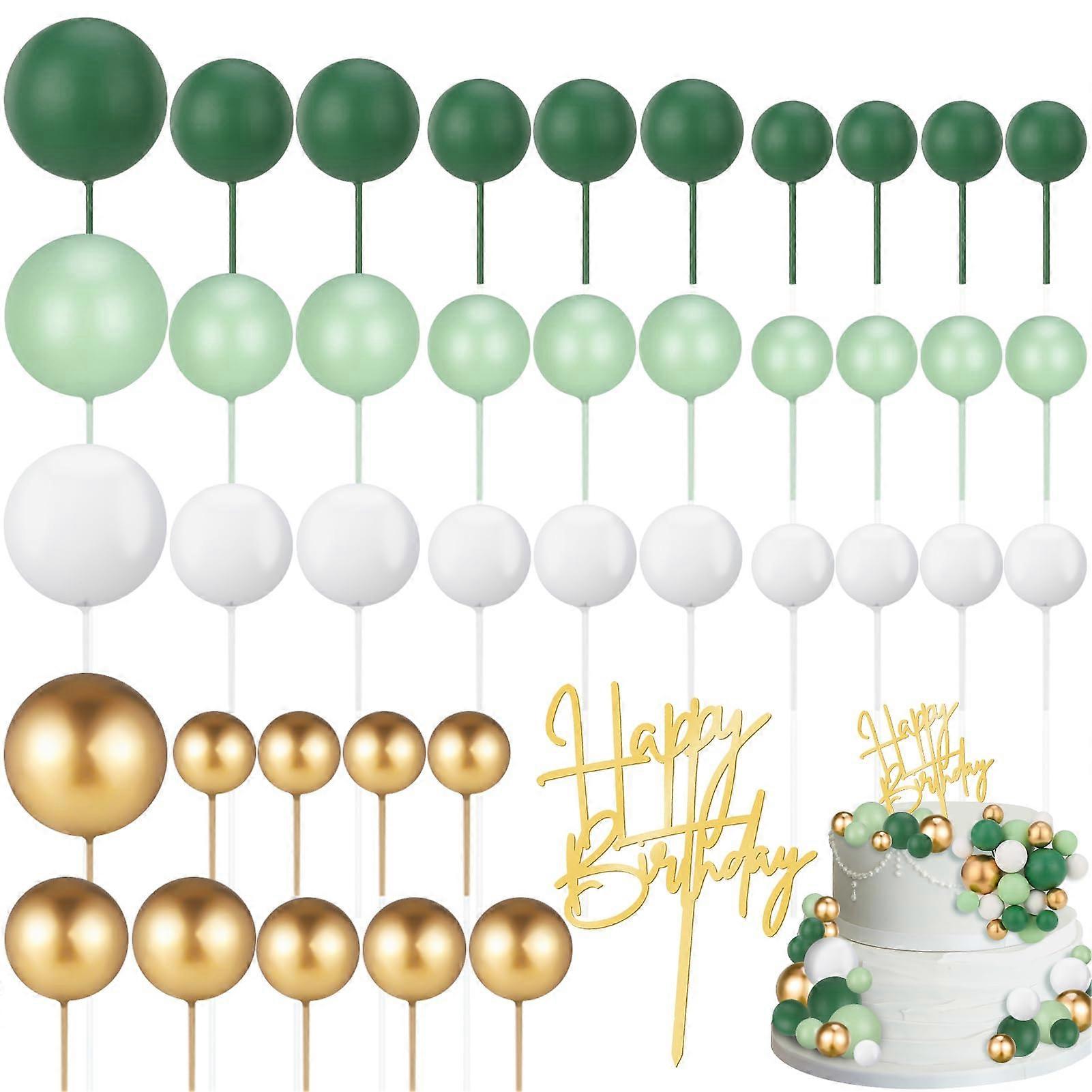 Cake Decoration Balls Set of 41 with Happy Birthday Topper, Foam Cupcake Toppers for Weddings and DIY Green White Decor
