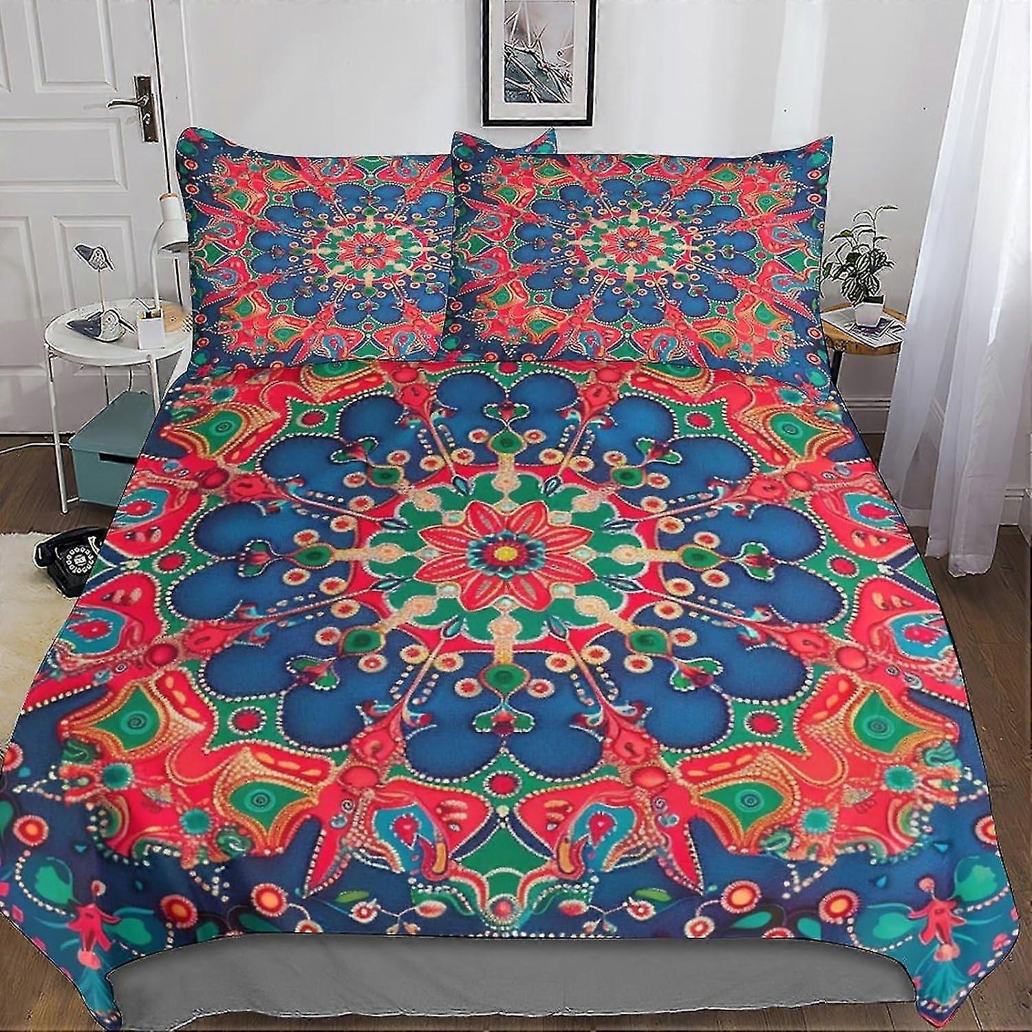 Symmetrisk Mandala 3D-tryckt påslakan 3-delat exotiskt boho sängkläder med mikrofiber och dold dragkedja med örngott