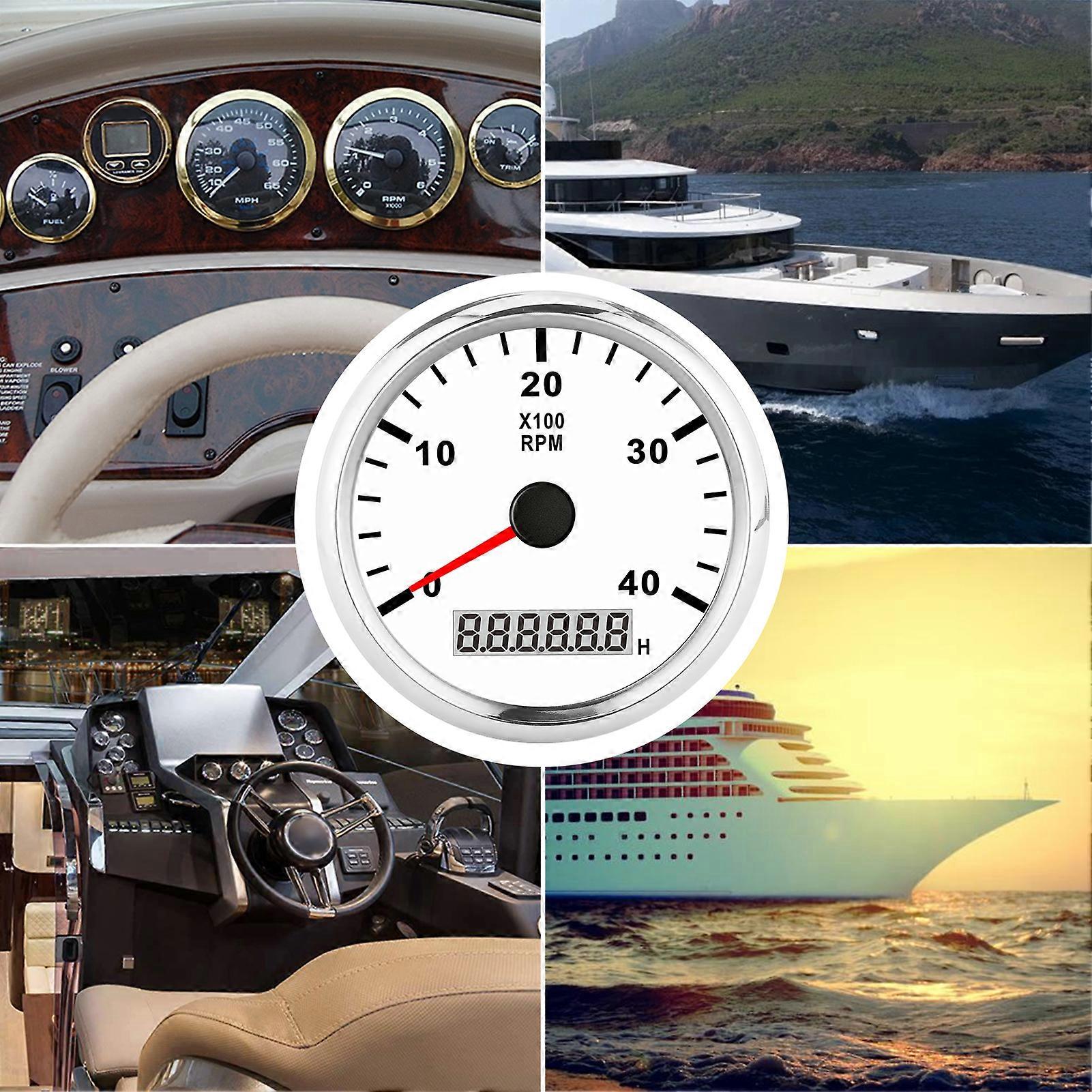 85mm Pointed Boat Tachometer LCD Digital 4000RPM with Red Backlight IP67 Waterproof 12V/24hite Dial Silver Cover