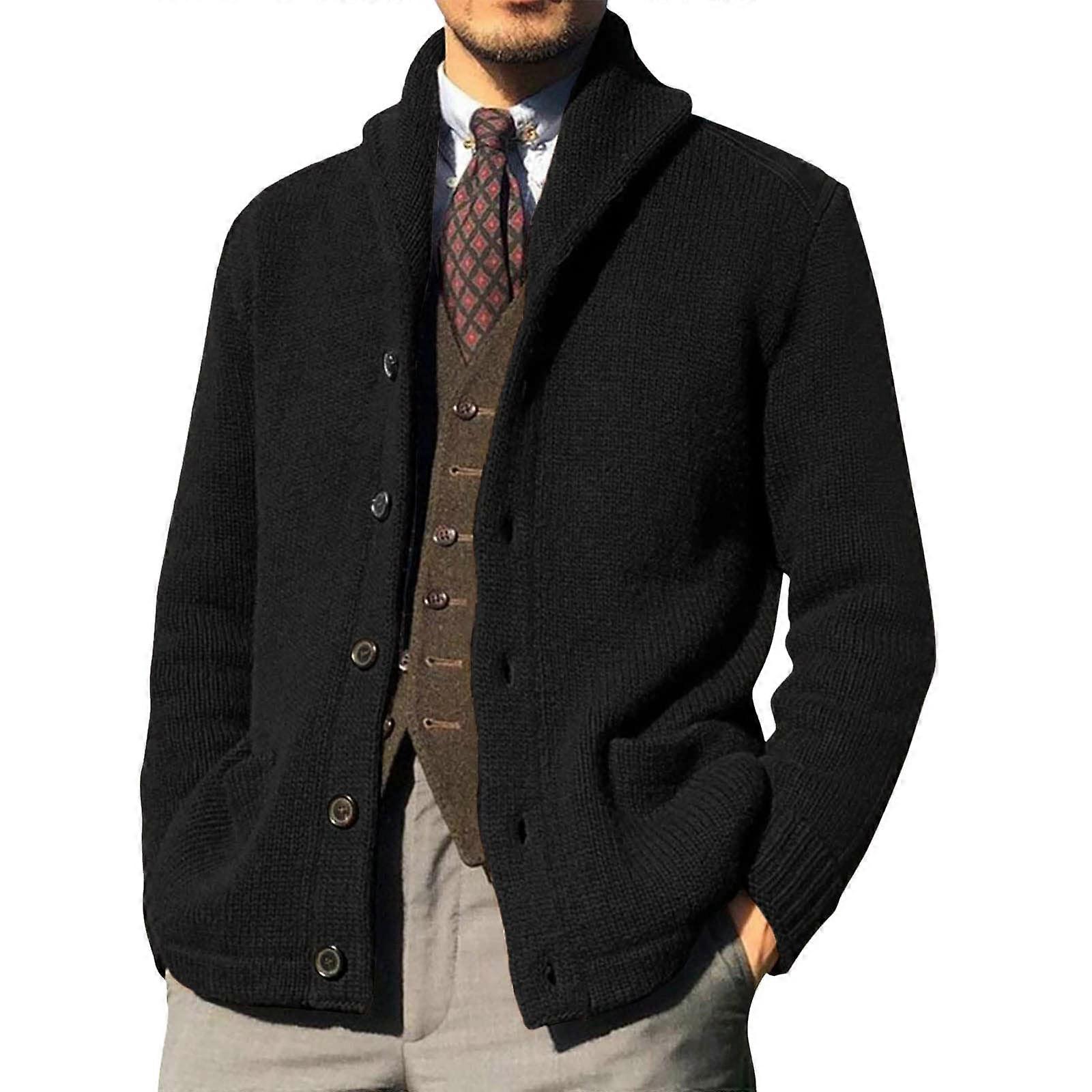 Strickjacke Herren Cardigan mit Reißverschluss, Fleece Winterjacke Regular Fit in Schwarz, Größe L für Männer