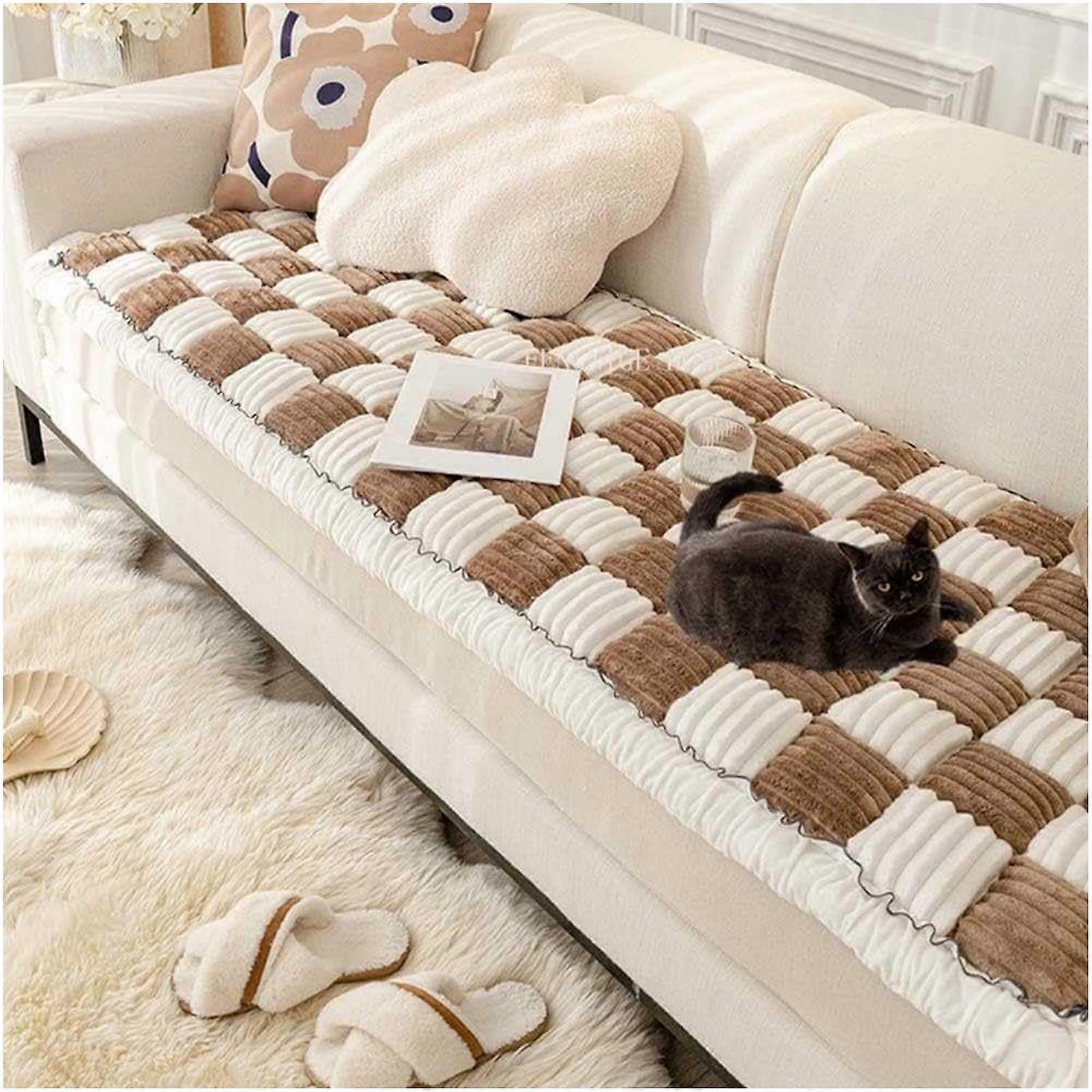 Funny Cotton Couch Cover for Pets, Cream Large Plaid Non-Slip Sofa Protector, 27.6 x 82.7 Inches