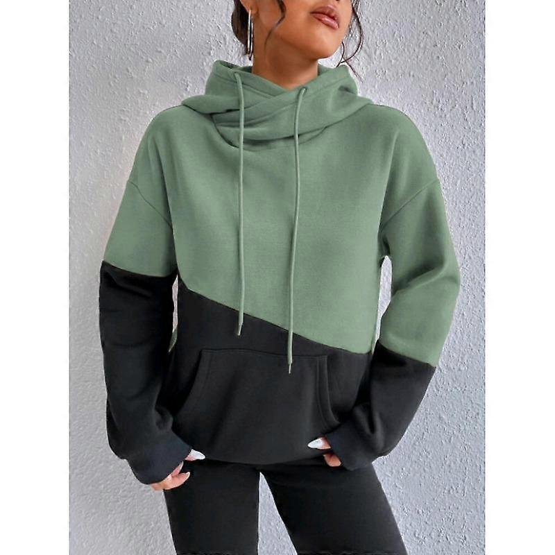Autumn Color Block Splicing Kangaroo Pocket Drawstring Loose Casual Hooded Sweatshirt Women's Tops