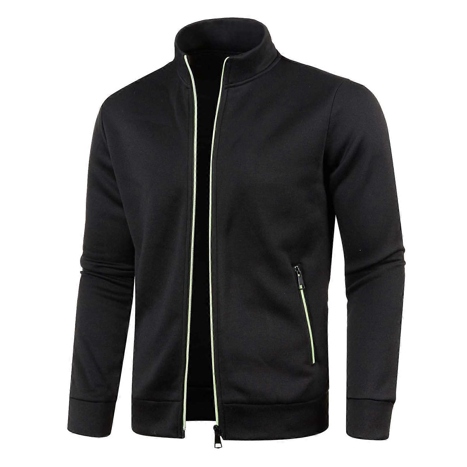 Men's Sweat Jacket with Zip StandUp Collar Plain Loose Running Jacket Black