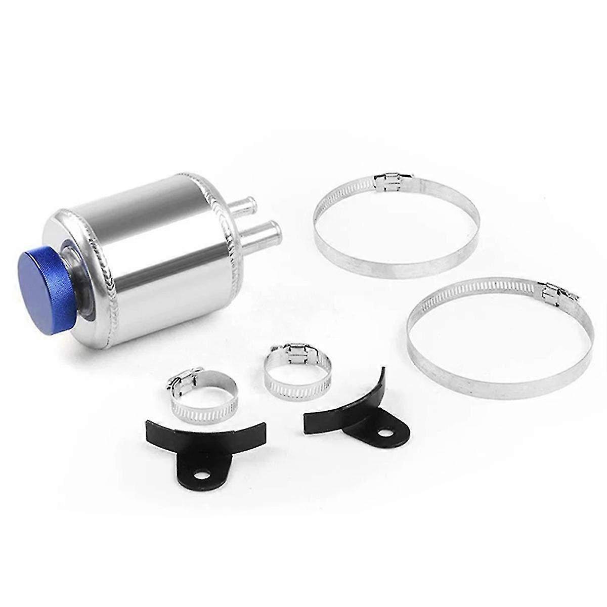 Universal Power Steering Reservoir Tank with Racing Clamp - Silver Aluminum Fluid Container for Car Performance Upgrade