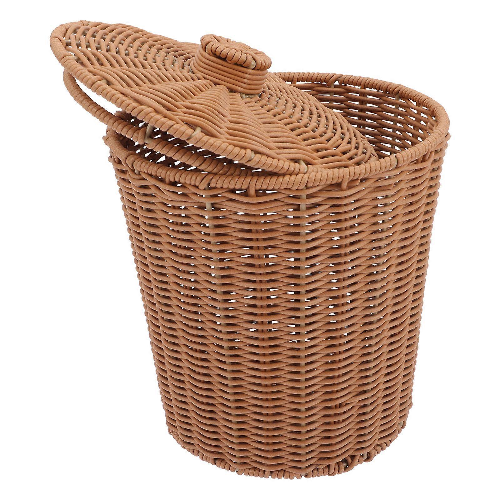Stylish Rattan Effect Storage Bucket with Lid – Plastic Basket for Bathroom, Bedroom & Home Organization – Multi Purpose Storage Bin for Clothes &