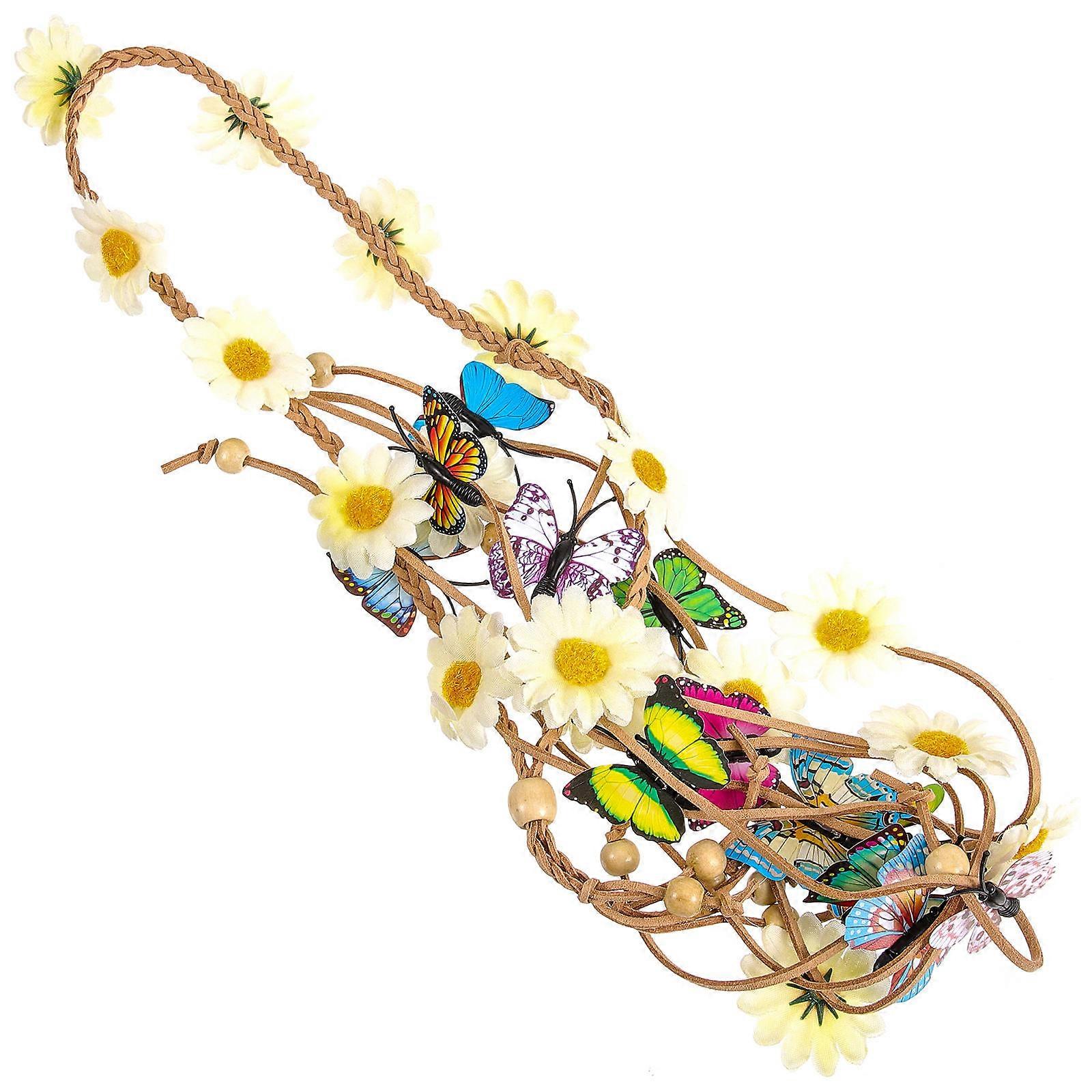 Bohemian Daisy Headband for Women Adjustable Flower Crown with Tassel Multi Color Cloth