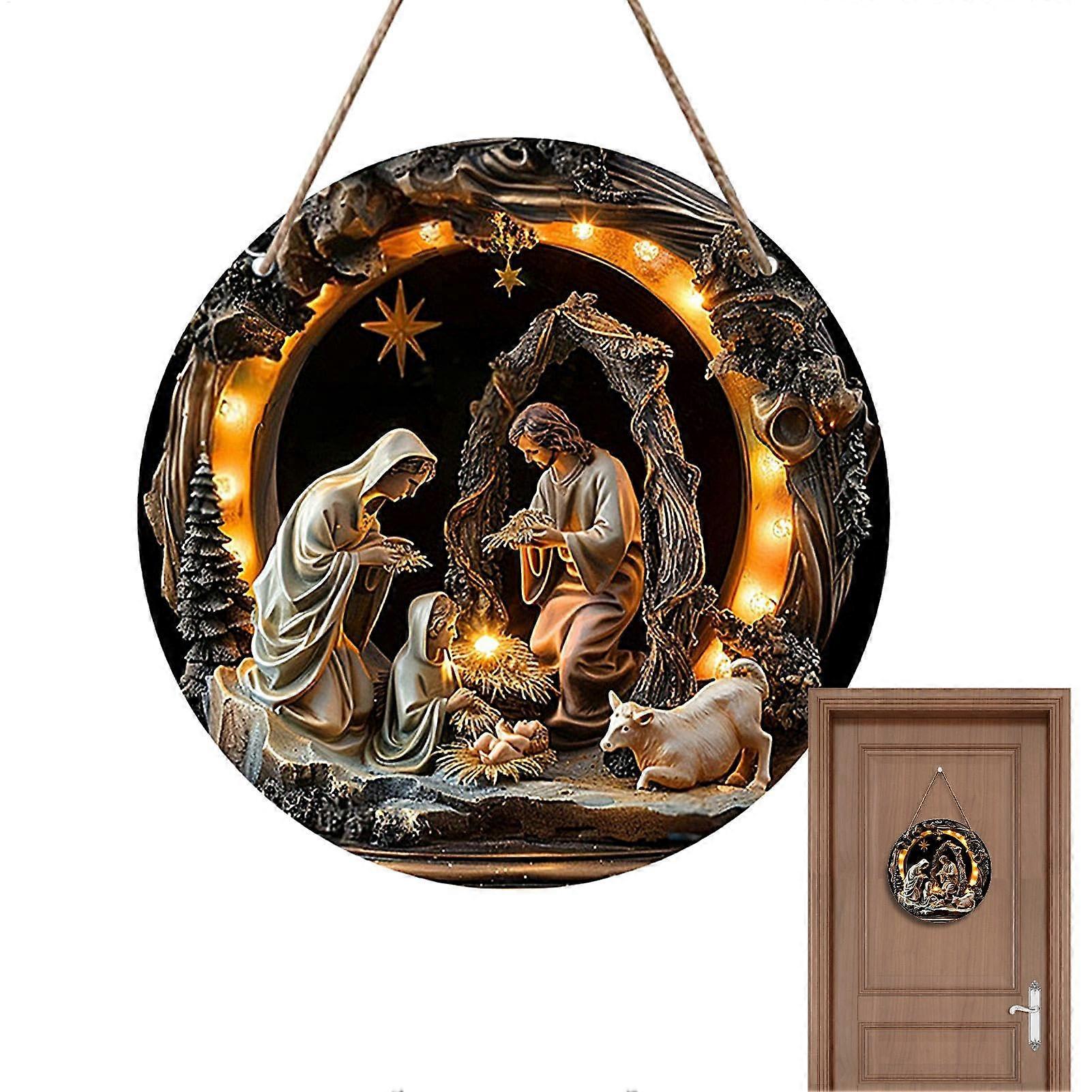 Nativity Scene Pendant Wooden Christmas Ornament With Detailed Carvings For Window, Fireplace, Wall, Tree, Door, Mantel