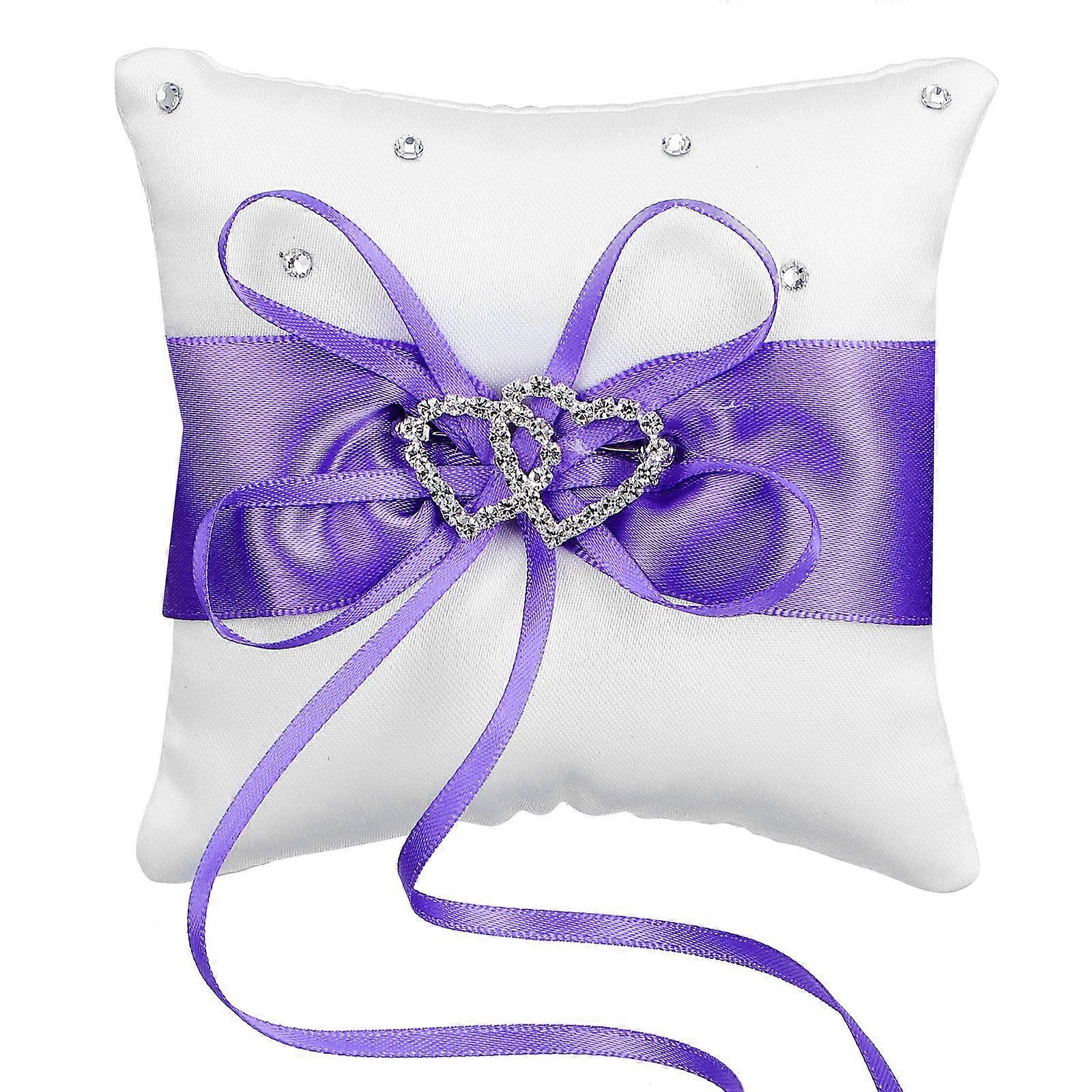 10x10cm Double Heart Bridal Wedding Ceremony Pocket Ring Bearer Pillow Cushion with Satin Ribbons (Purple)