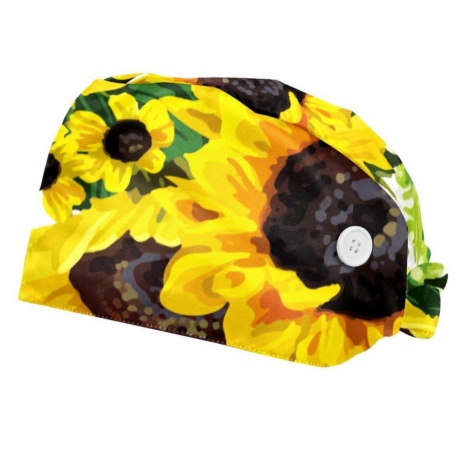 Surgical Cap 2 Pack Women Nursing Hats Scrub Cap Sunflowers and Leaf Pattern