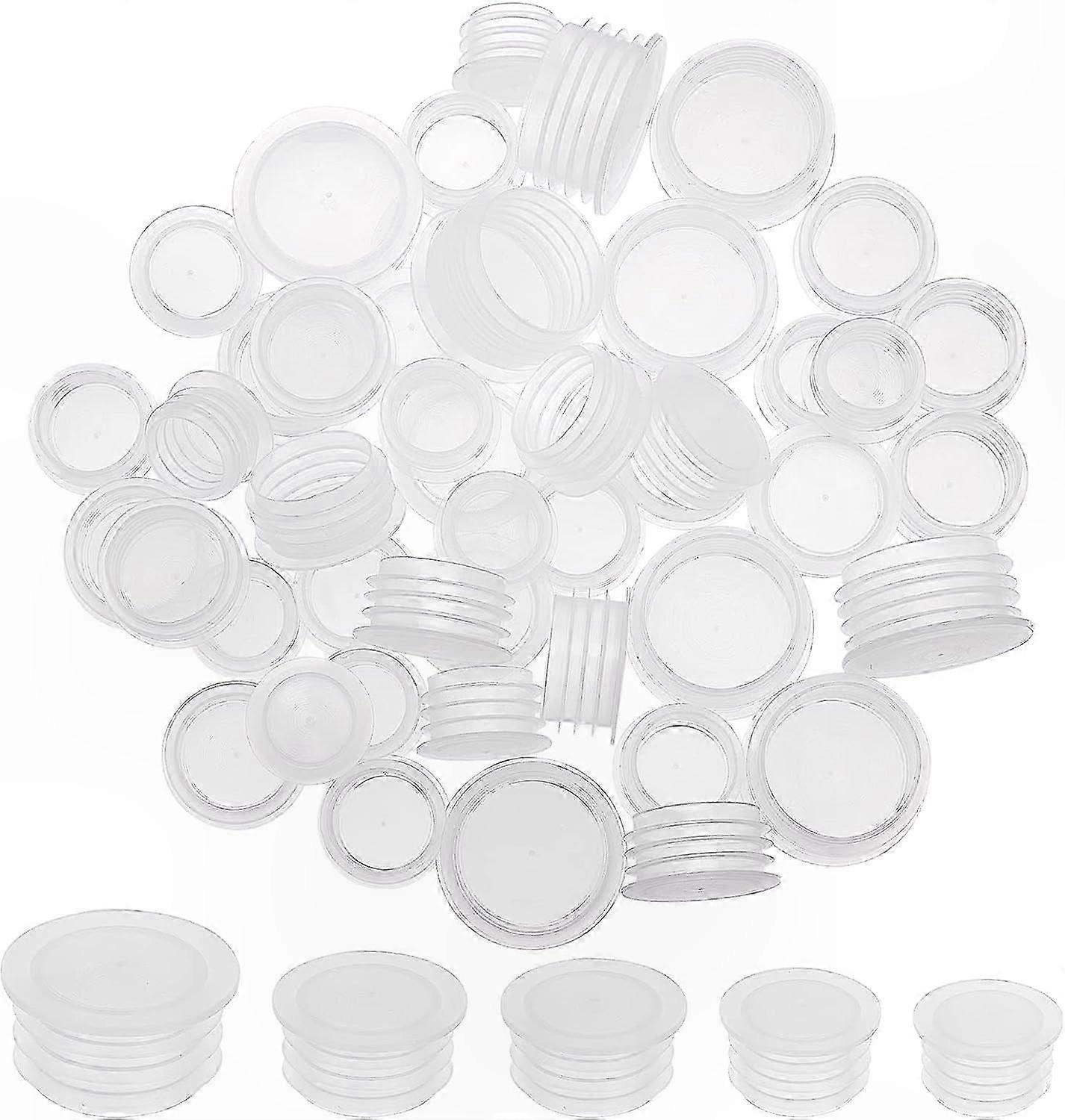 50-Pack Plastic Salt and Pepper Shaker Stoppers, Replacement Bottle Caps, Clear Round End, Reusable, 1/2 to 7/8 Inch Size Variants