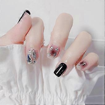 24Pcs Schwarz Kurz Quadrat Druck auf Nägel Goth Gefälschte Nägel Farbverlauf Stern Acryl