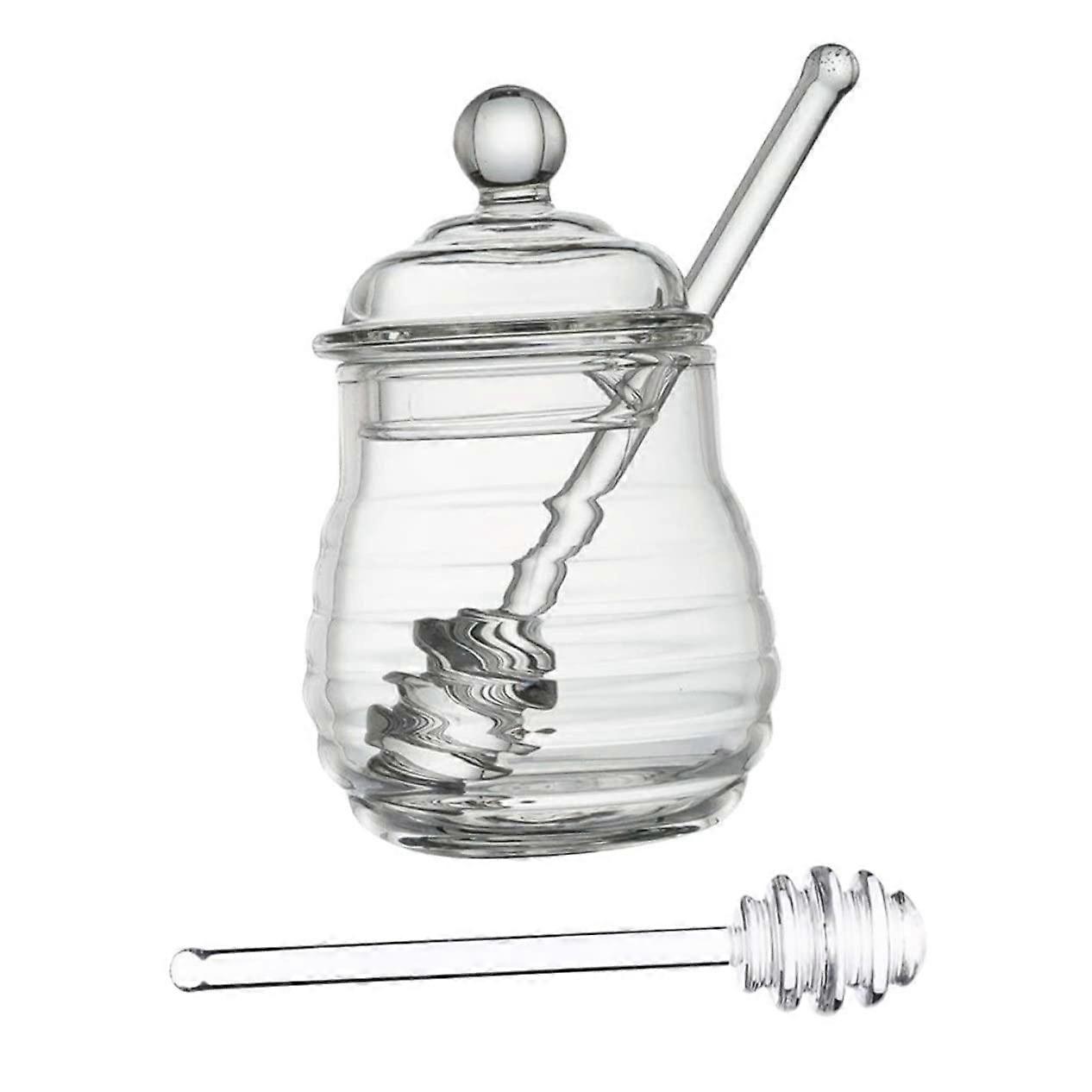 Honey Dispenser Glass Jar Lidded Honey Pot With Stirrer For Home Kitchen And Bakery Clear