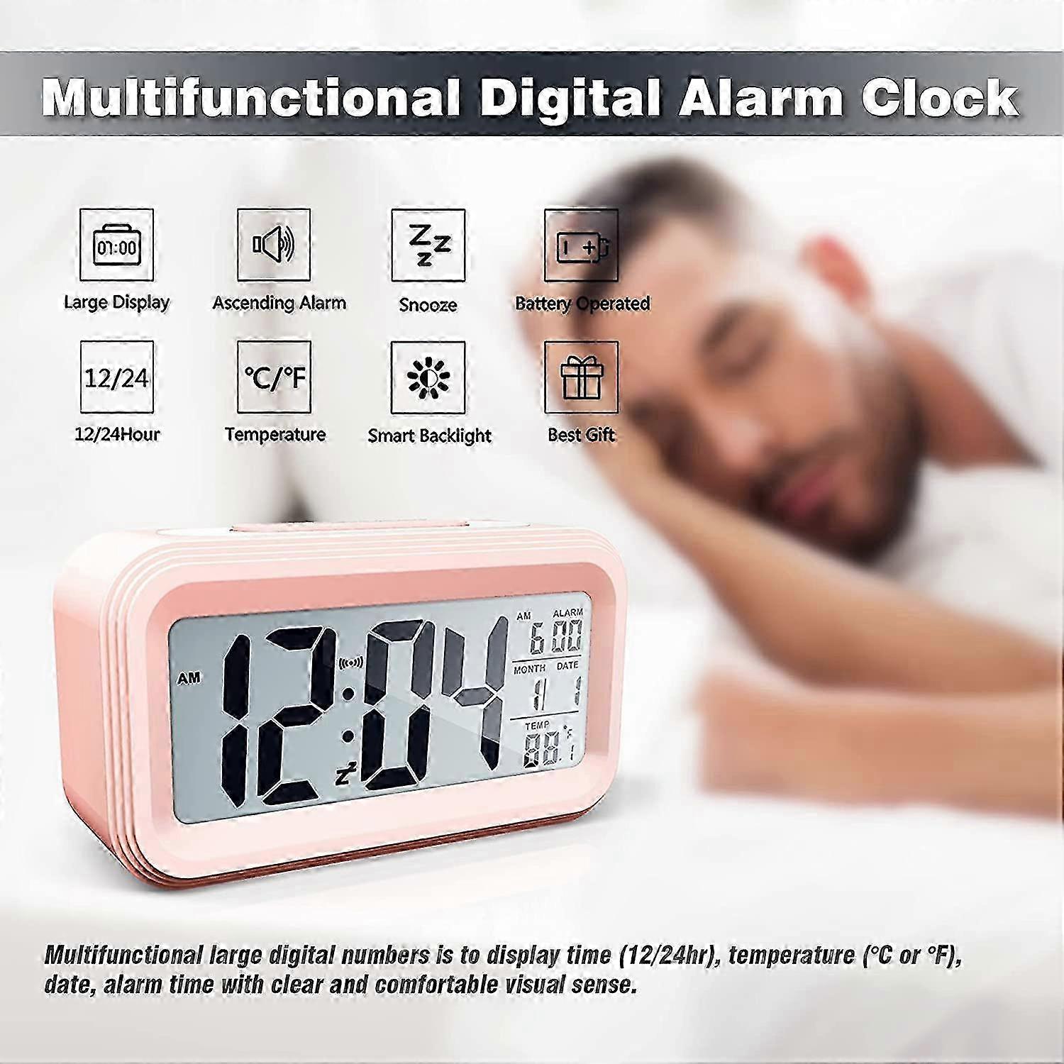 Battery Powered Wireless Digital Alarm Clock with Date, Temperature, Smart Sensor Lamp, 12/24 Hours, (Pink)