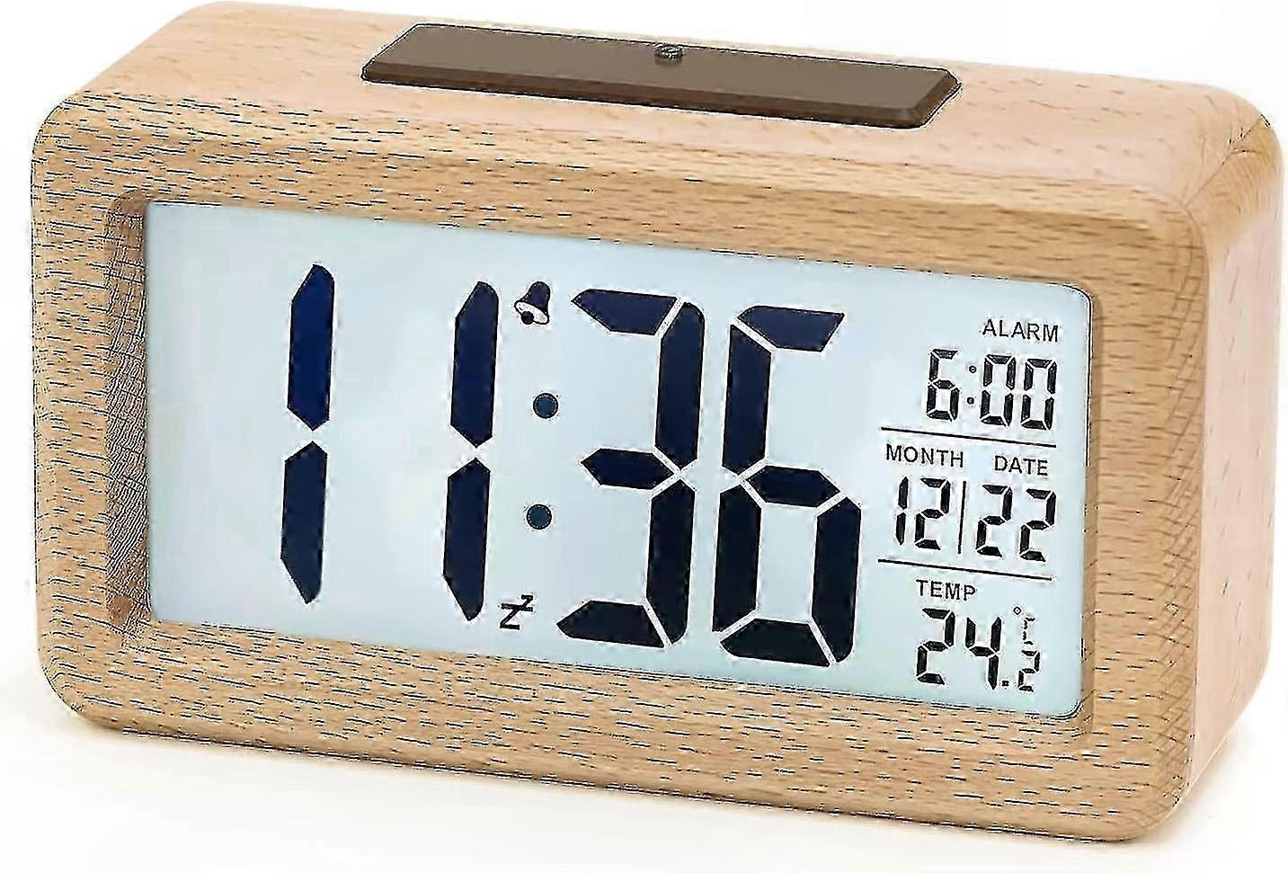 Large LCD Display Wooden Alarm Clock with Snooze, Temperature Monitor, and Silent Operation
