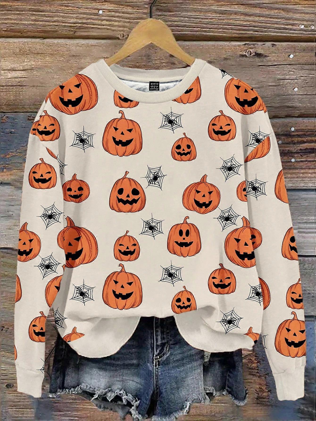 Casual Minimalist Printed Pattern Crew Neck Loose Fit Women Sweatshirt, Suitable For Halloween, Ghost Print, Pumpkin Print, Bat Print In Fall/Winter