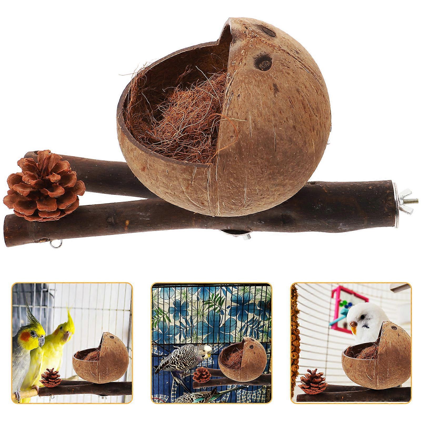 Wooden Bird Perch for Parrot Exercise and Rest with Coconut Shell 2Pcs