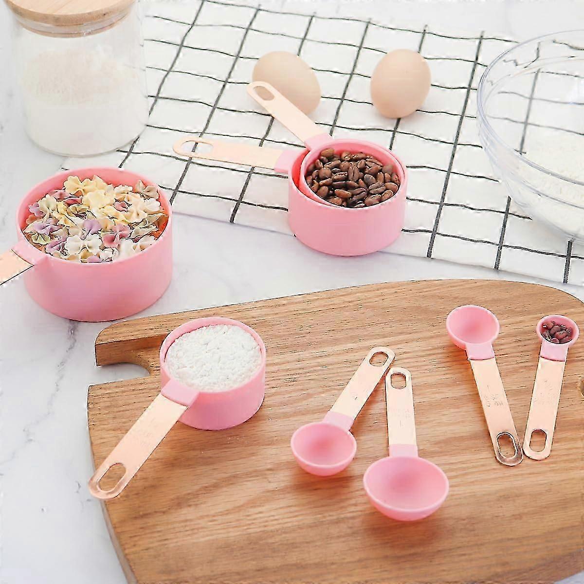 8 Pcs Measuring Cups and Spoons Set, 4 Measuring Cups / 5 Measuring Spoons, Measuring Spoons Set with Engraved Scale(Pink)