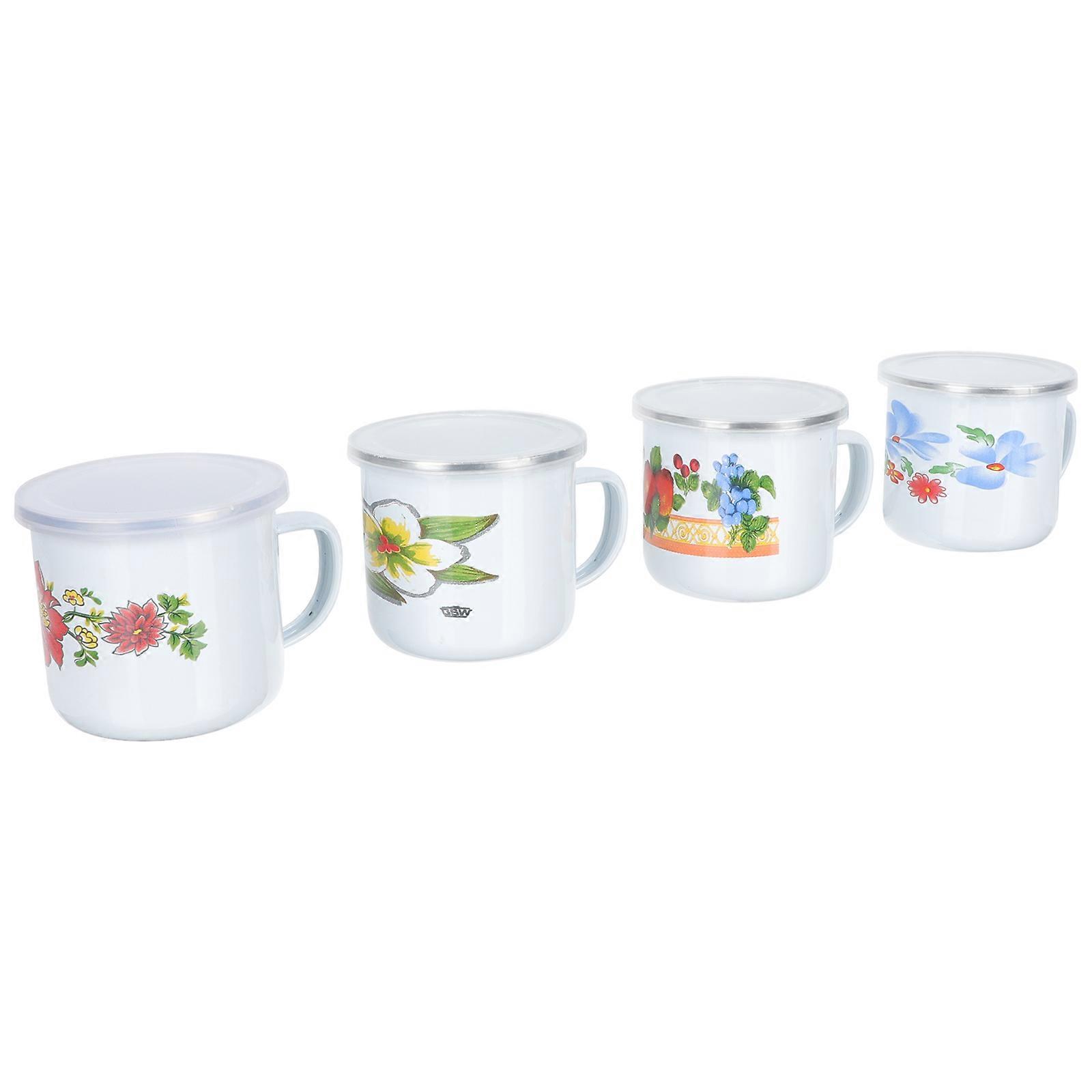 Enamel Mug Vintage Water Cup for Household Use 4Pcs Set with Lid