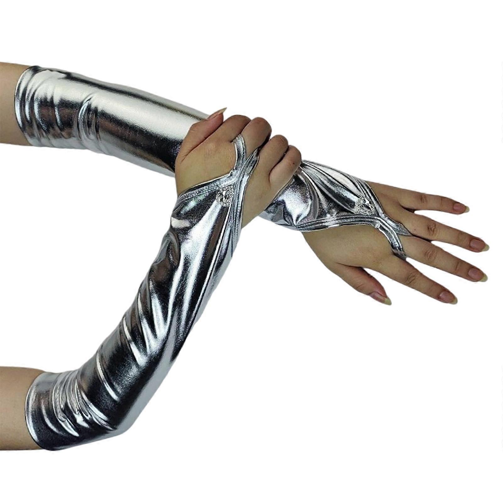 כפפות עור מבריק לאירוע רשמי ומועדון נשים מסיבת ערב כפפות ללא אצבעות עם אבני חן עבור מסיבת קוספליי כסף