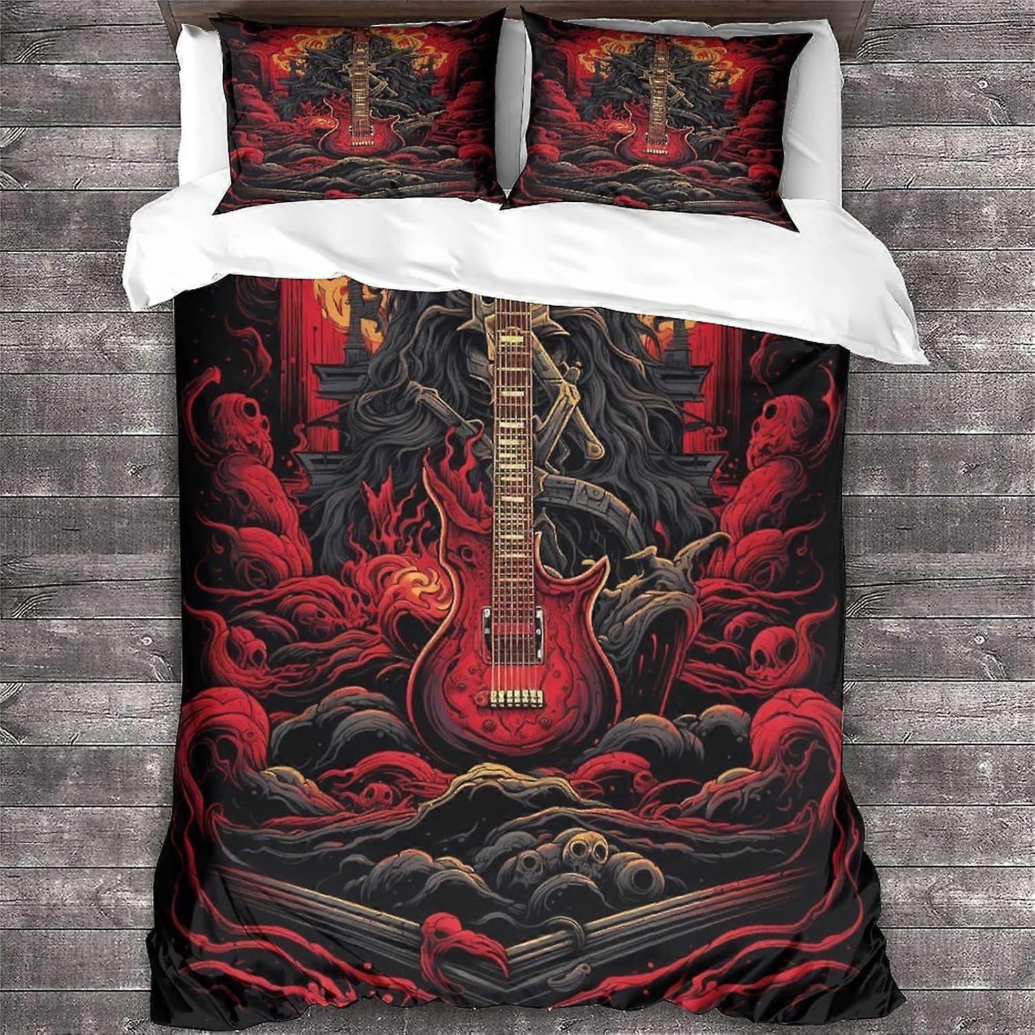 مجموعة الفراش روك أند رول مجموعة غطاء لحاف الغيتار المعدني الثقيل غطاء لحاف الجمجمة سحاب ناعم مع غطاء وسادة مزدوج