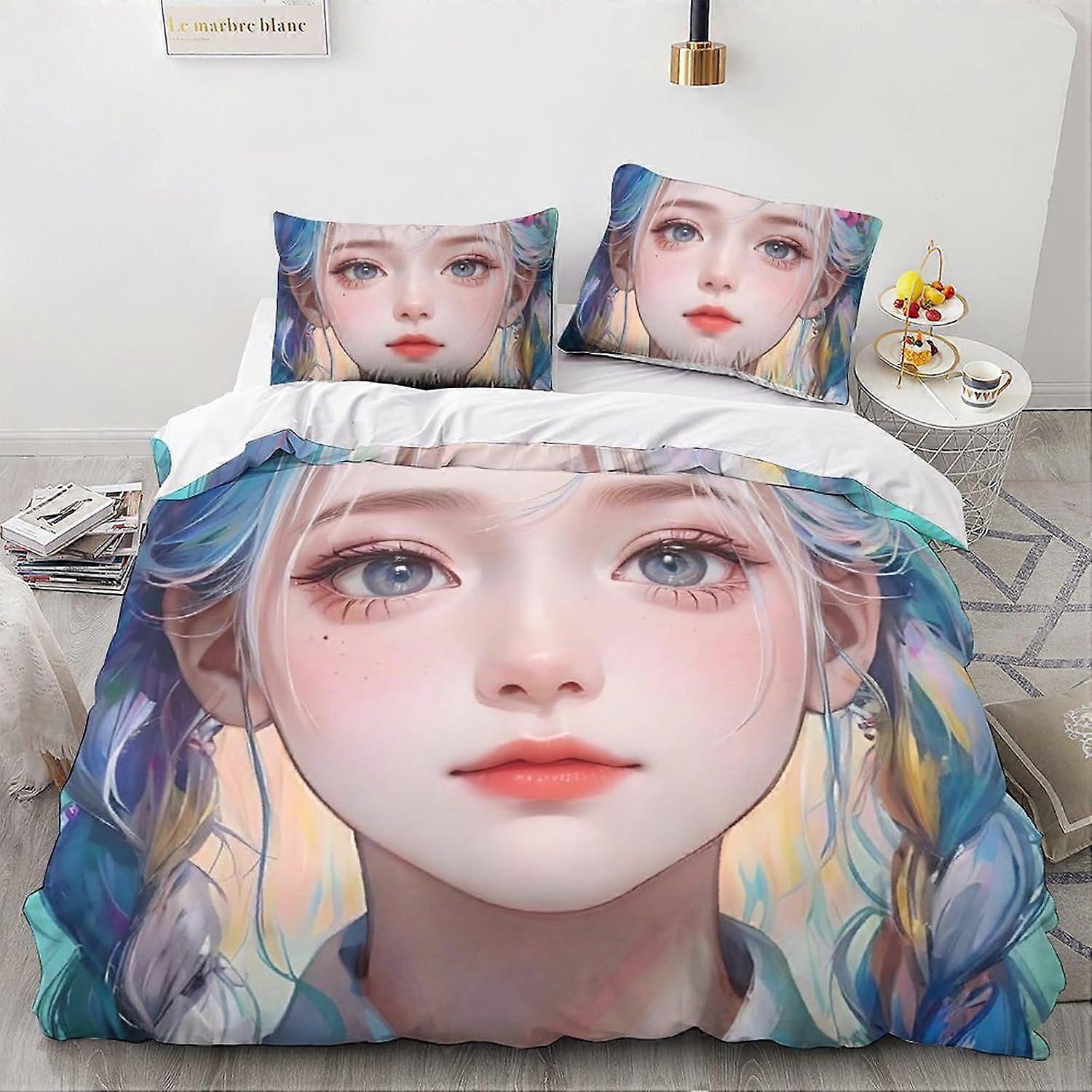LikeEj Animes و Mangas لحاف غطاء مجموعة أنيمي مجموعة الفراش 3 قطع ، لينة ستوكات 3D الخيال نمط لحاف غطاء سحاب إغلاق مع أكياس وسادة