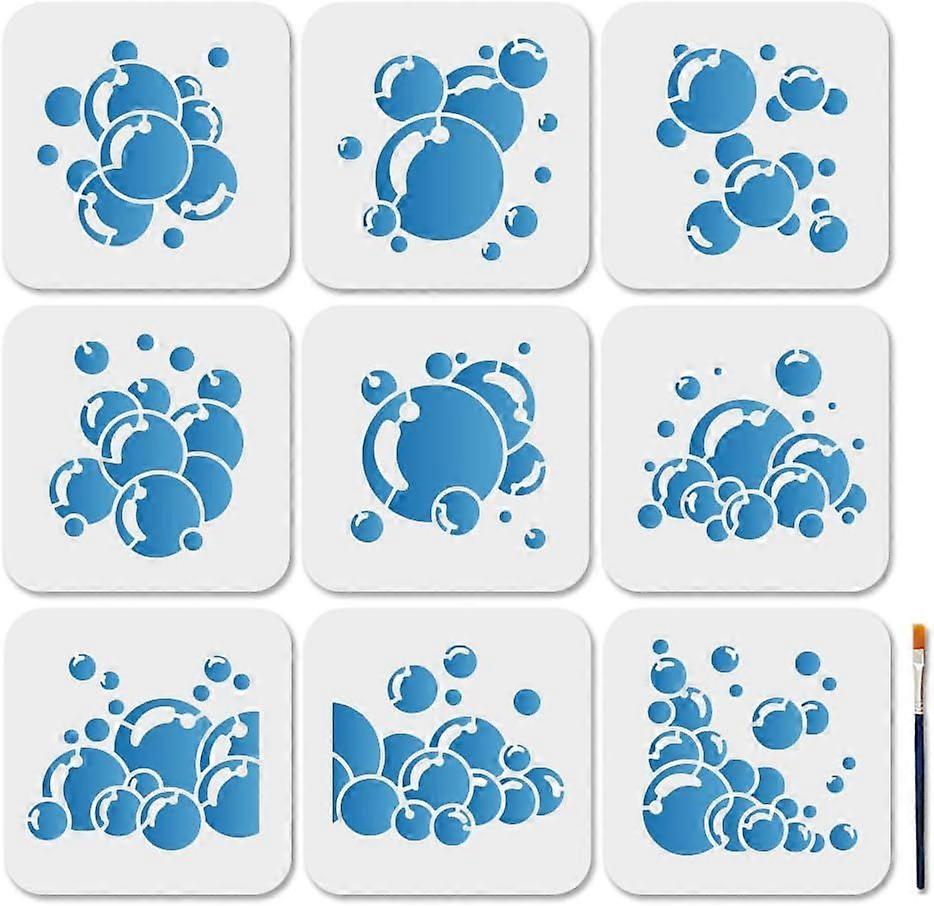 9Pcs Painting Stencils Edge Stencils 5.95.9inch with Paint Brush Bubbles Block Pattern Craft Stencils Template for Wood Wall Window DIY Craft Home Dec