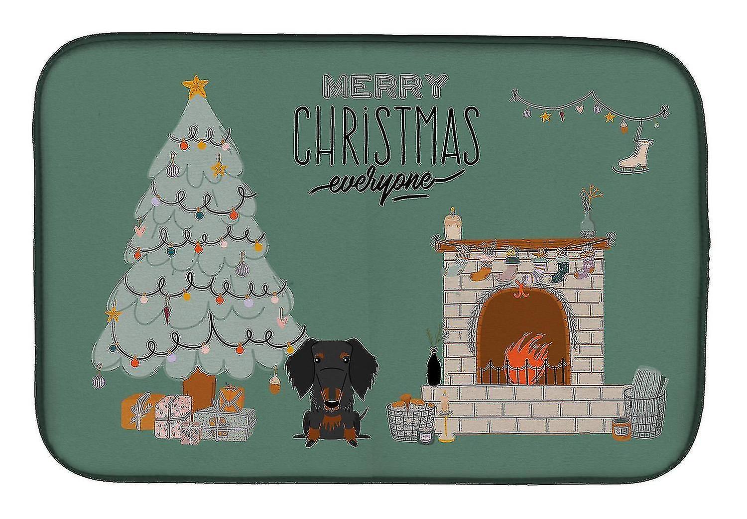 Black Tan Wire Haired Dachshund Christmas Everyone Dish Drying Mat