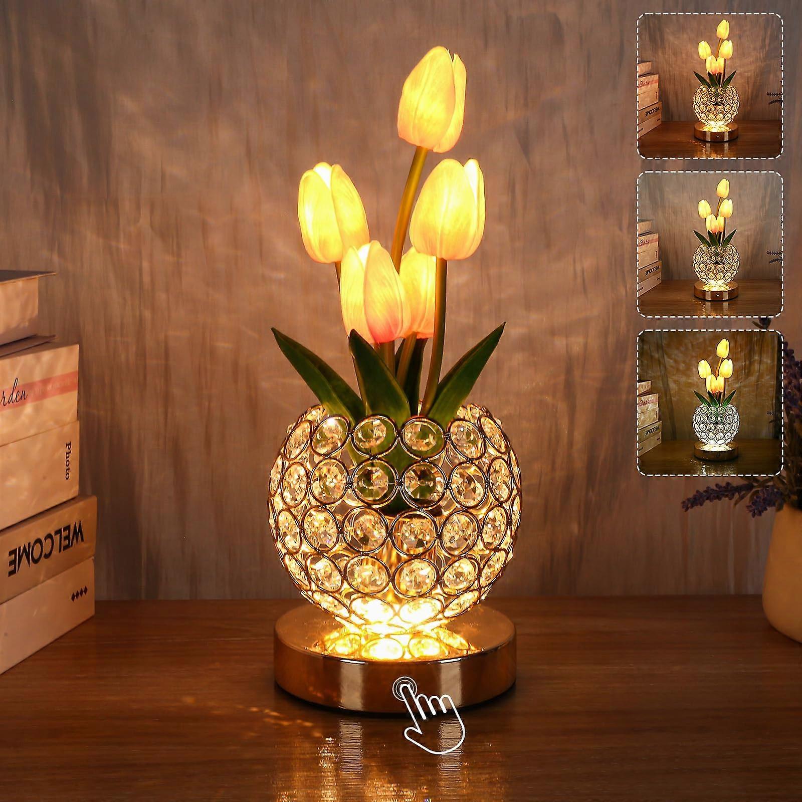 Pink Tulip Crystal Table Lamp with Touch Dimming, 3 Color Lighting and Essential Oil Diffuser
