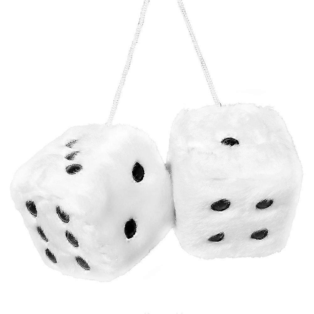 Pair Of Retro Square Mirror Hanging Couple Fuzzy Plush Dice With Dots For Car