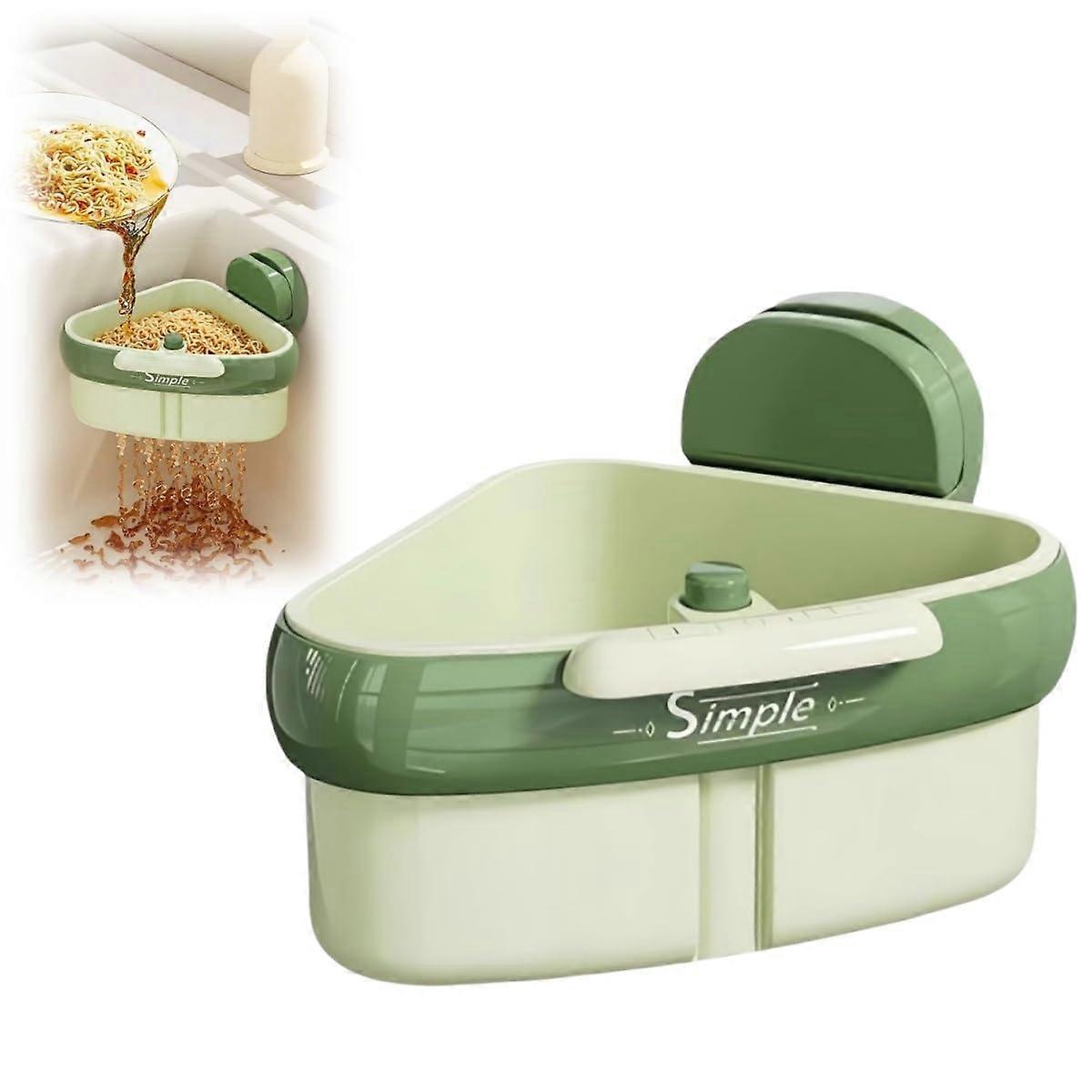 Sink Strainer Basket with One‑Press Waste Disposal, Corner Sink Caddy and Suction Cup Mount, Green