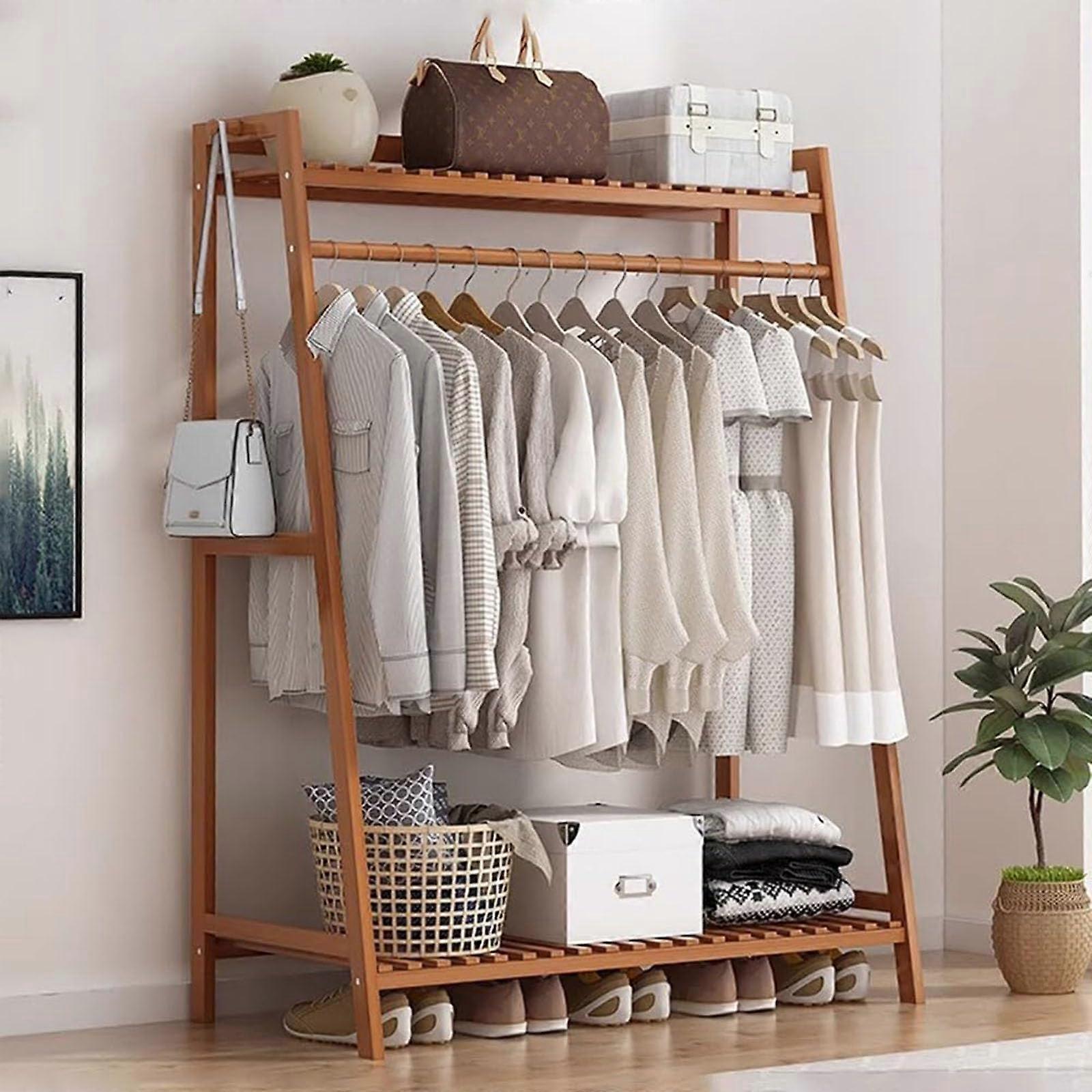 Bamboo Clothes Rack with Shoe Storage, Wooden Open Wardrobe for Bedroom, 80kg Load Capacity