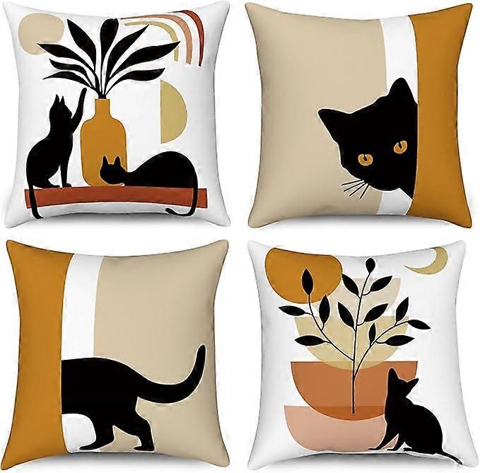 4-Piece Black Cat Plant Sun and Moon Pattern Decorative Pillowcase Set
