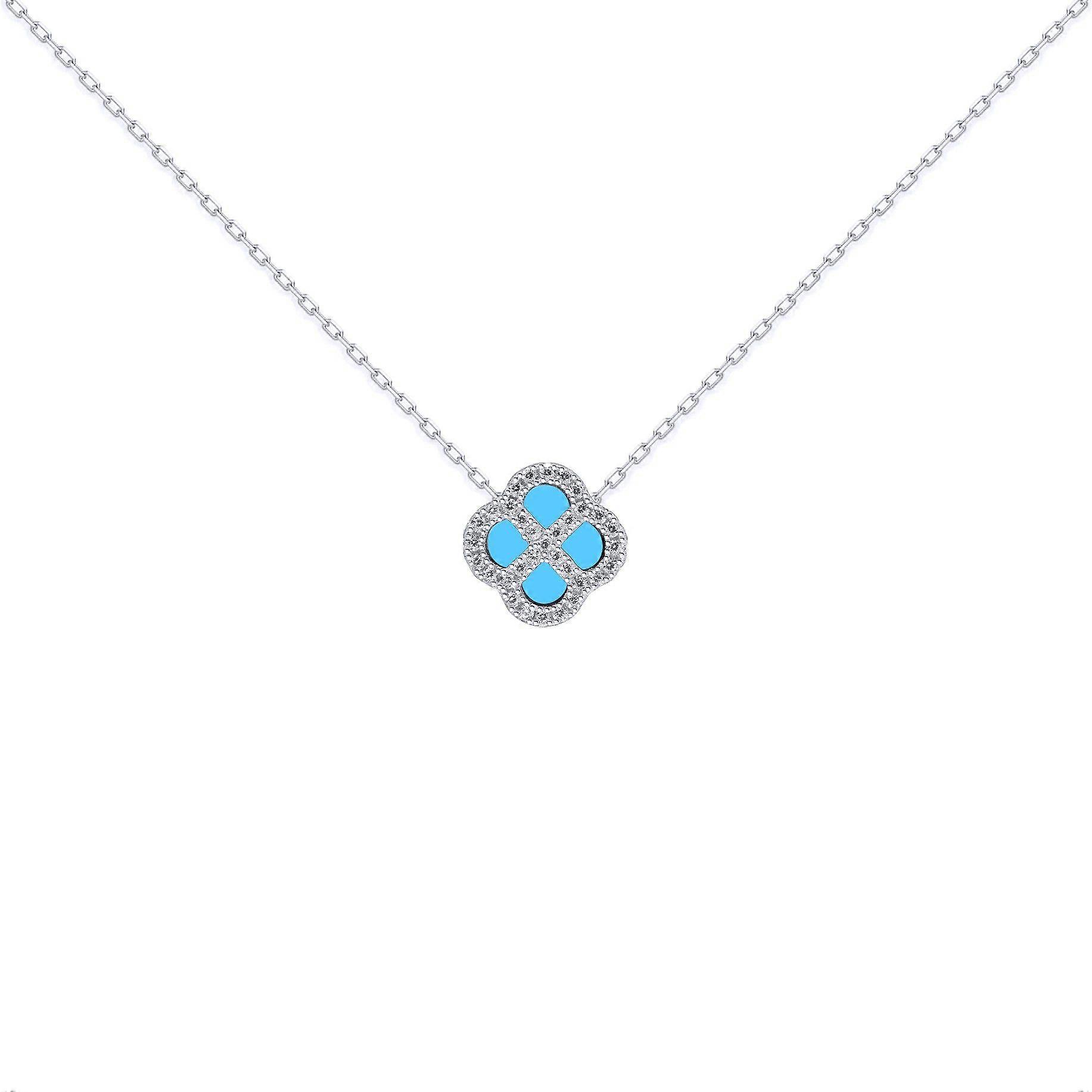 Jewelco London Sterling Silver CZ Turquoise Clover Kiss Lucky Charm Necklace 16-18"