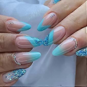 24 Pcs Blue Glitter Press on Nails French Tip Almond Fake Nails with Rhinestone Design Reusable