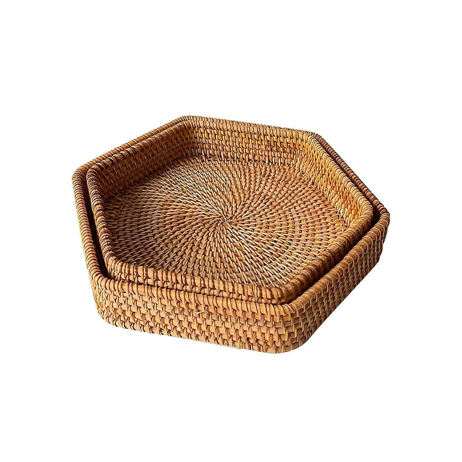 Rattan Serving Set 2Piece Handwoven Hexagon Baskets for Bread Fruit Pantry and Table Decor