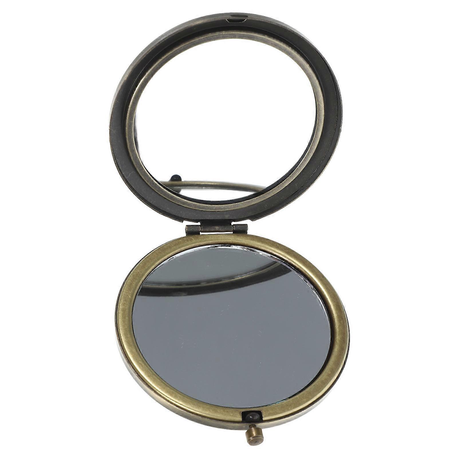 Makeup Mirror Dark Brown Mini Round Double-Sided Folding 2Pcs Set